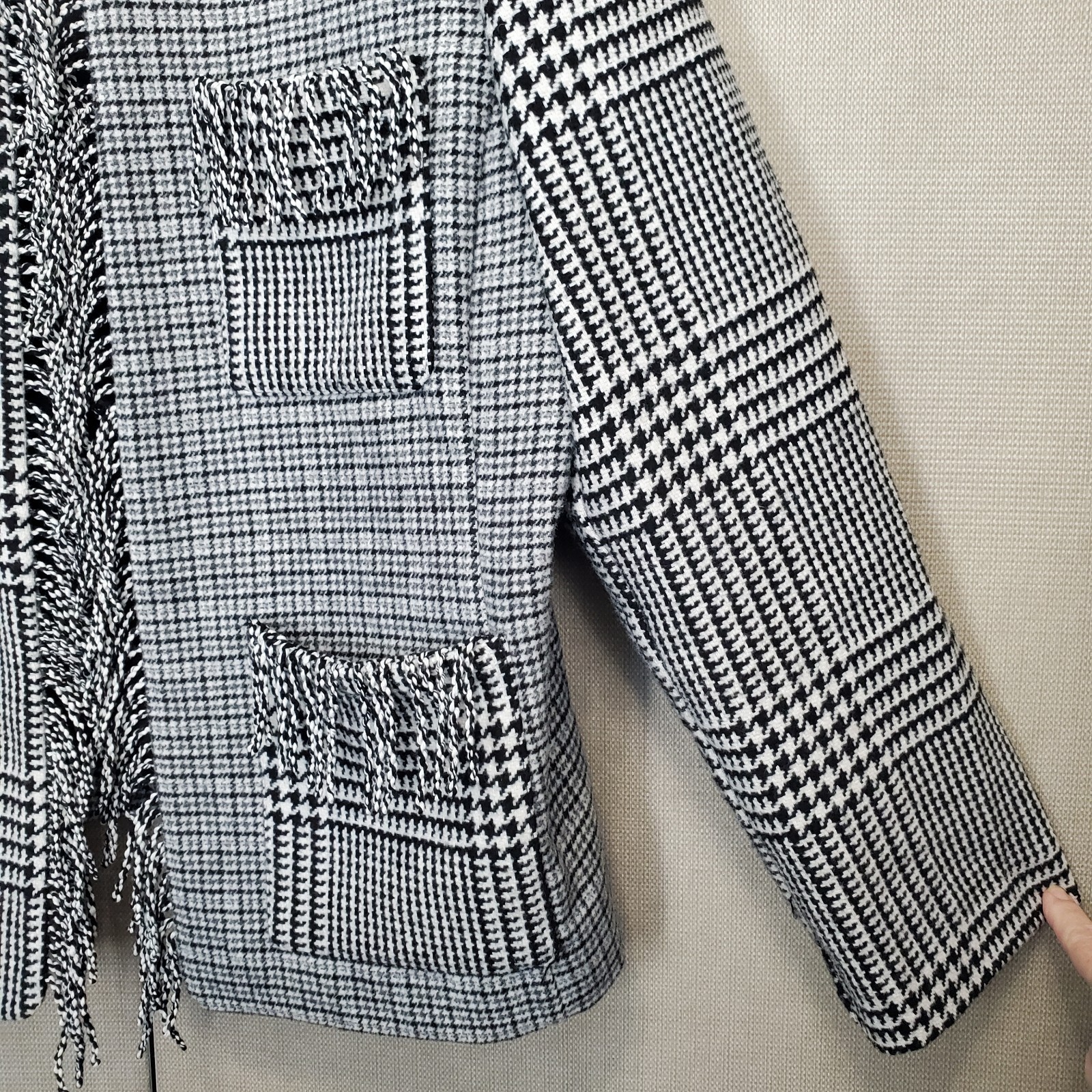 Chico’s Mixed Tweed Fringed Woold Blend Open Front Lined Jacket Size 3.5 (18)