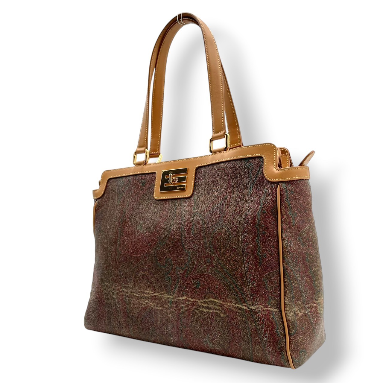 Authentic ETRO Paisley Pattern Tote Bag PVC Leather Light Brown Italy