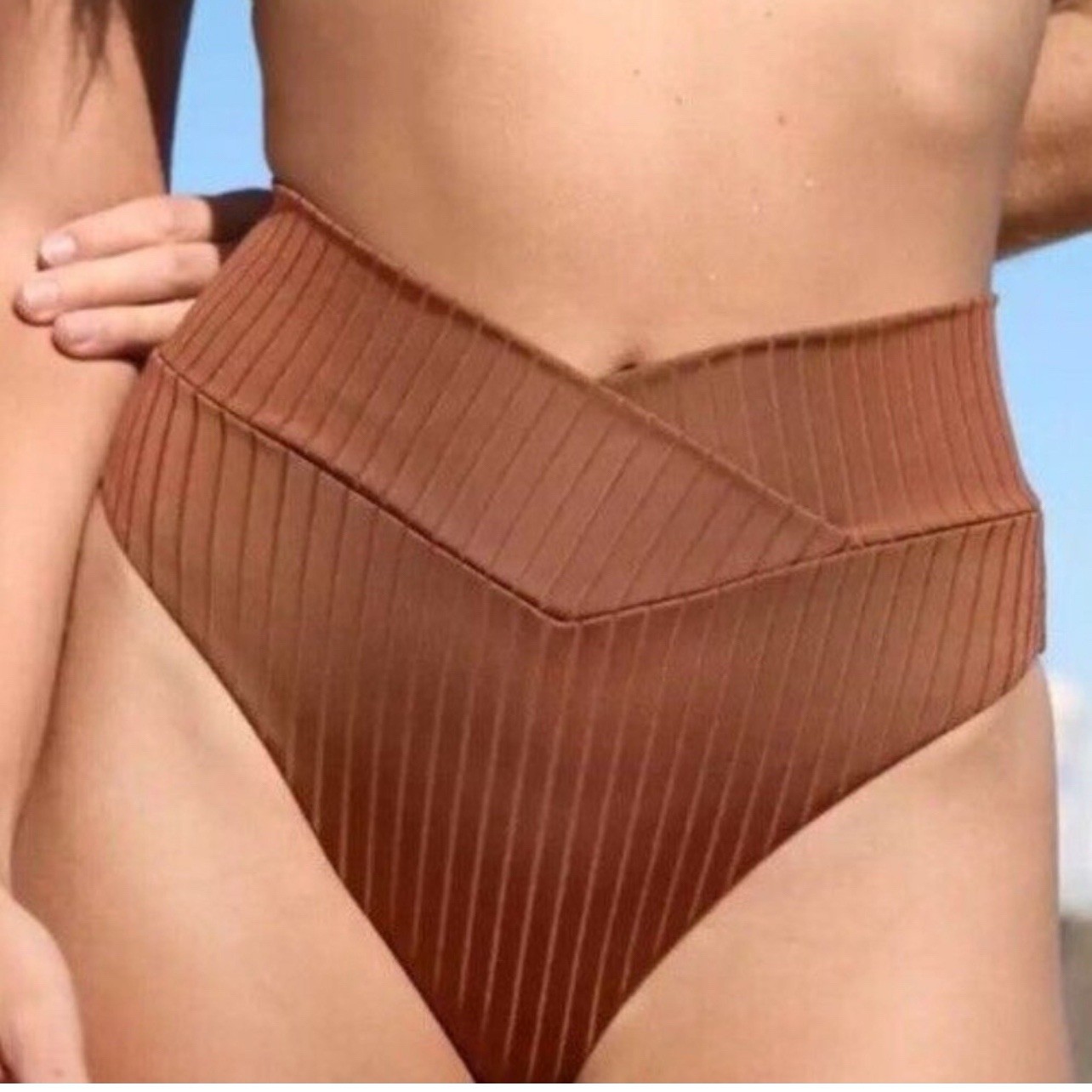 Large Aerie Ribbed Top& Shine Crossover High Cut Cheeky Bikini Bottom $34.95 Ea