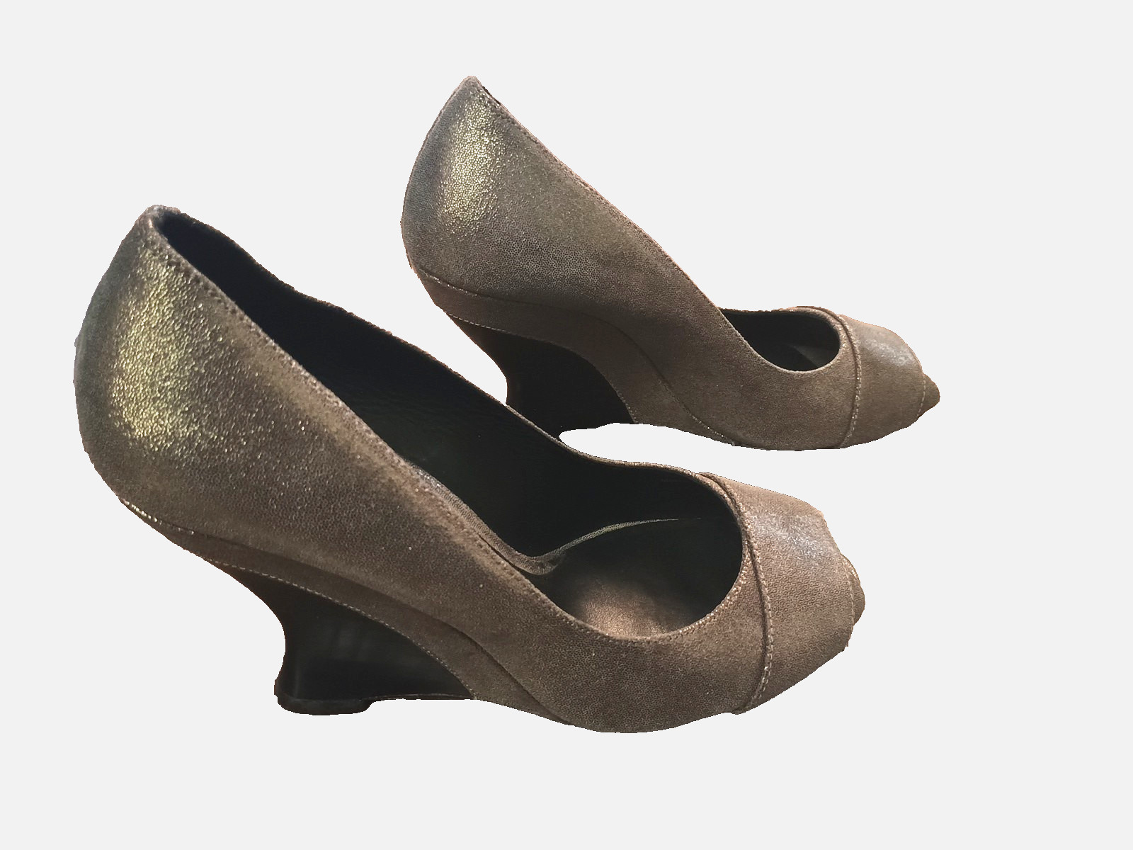Jessica Bennett Curved in WEDGE 3.5″ Heels Peep Toe Metallic Pump Retro SEXY 7.5