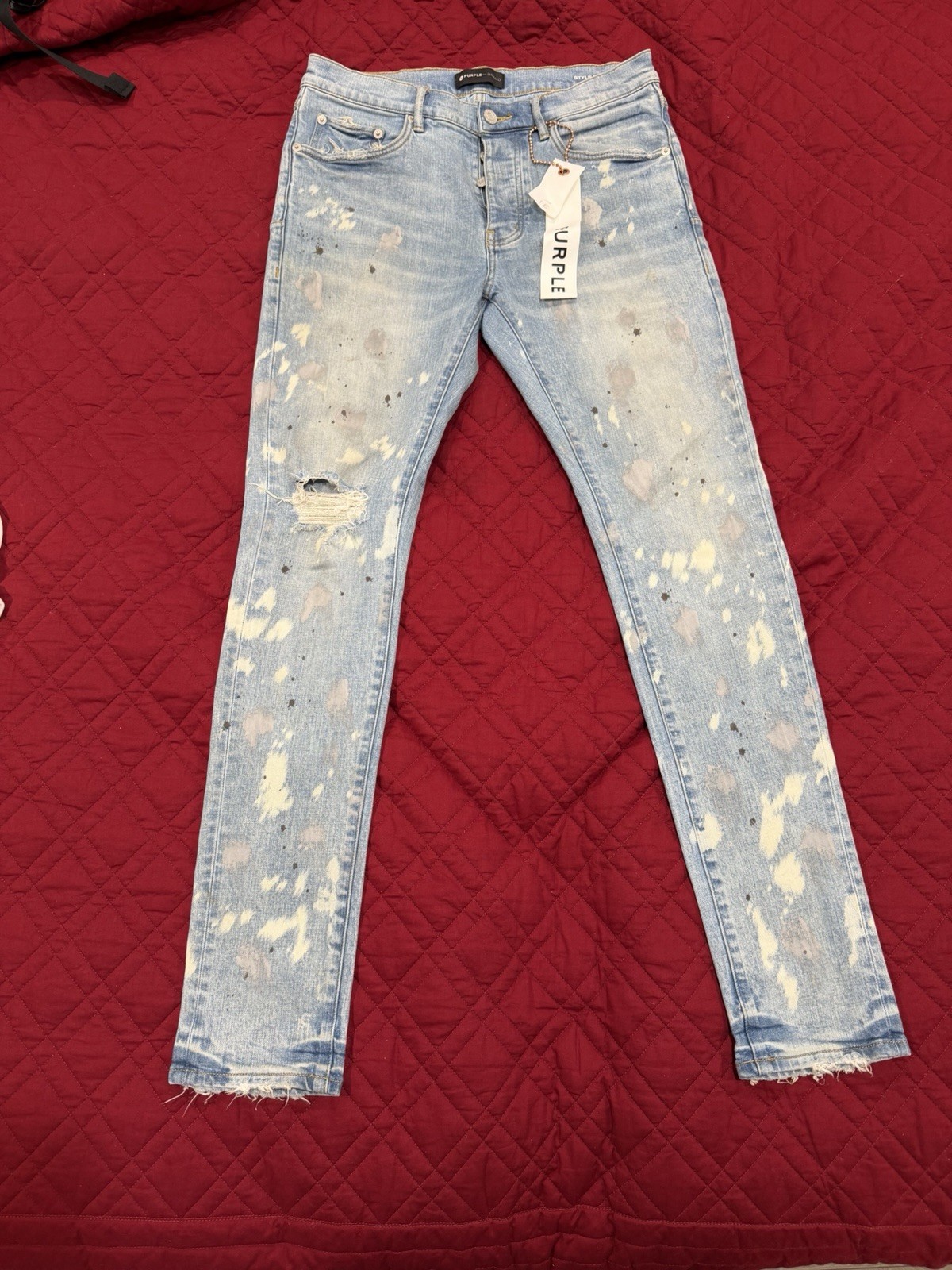 Purple Men’s Light Wash Skinny Slim Fit Paint Splatter Distressed Denim Jeans 32