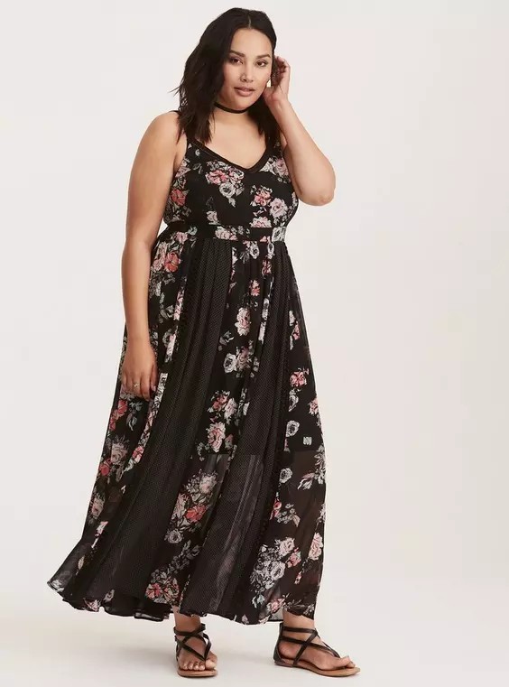 Torrid Size 1 Black Pink Floral Georgette Chiffon Spaghetti Strap Maxi Dress