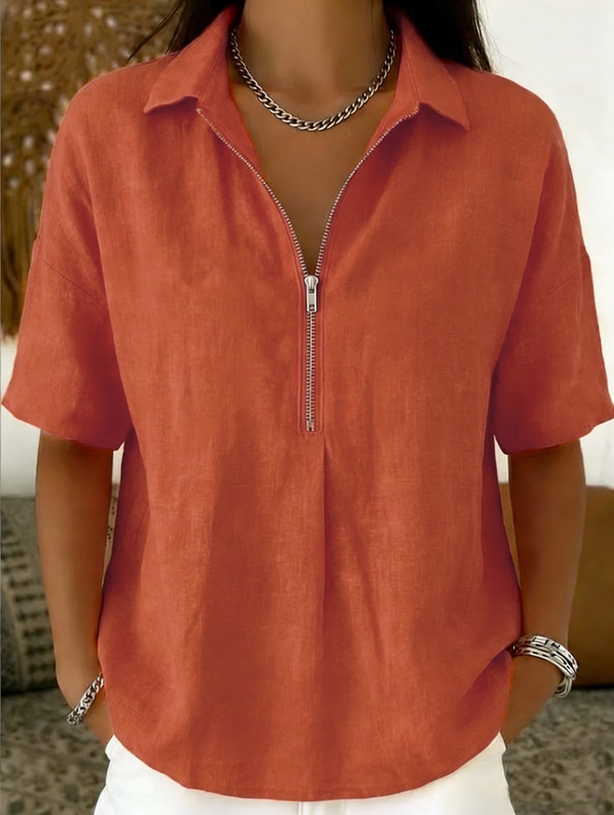 NEW Womens Fashion Solid-color Zip-up Short-sleeve T-shirt Sizes S-3XL