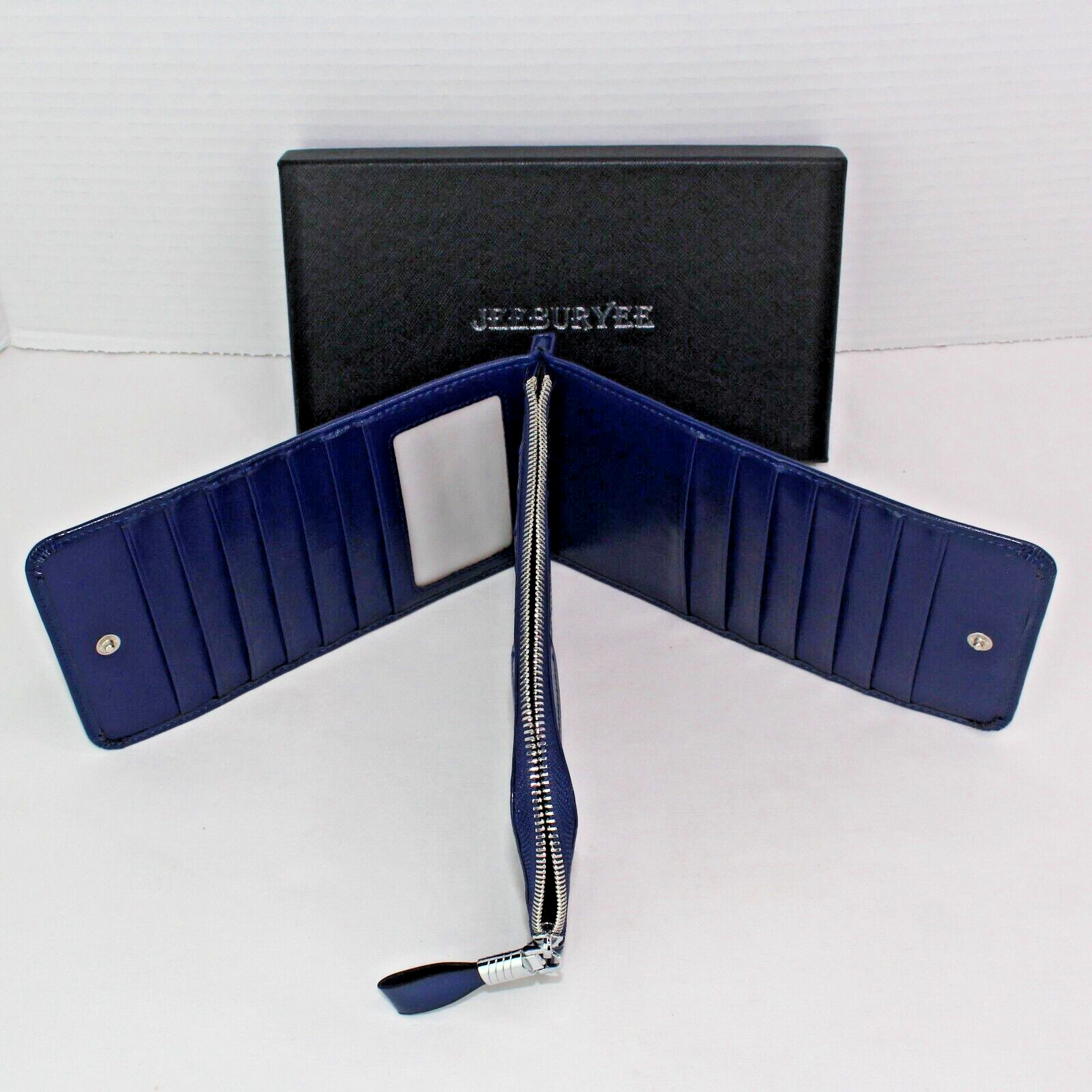 Jeeburyee Blue Oil Waxed Ladies Wallet 26 Card Slots Zipper Center NWOT in Box