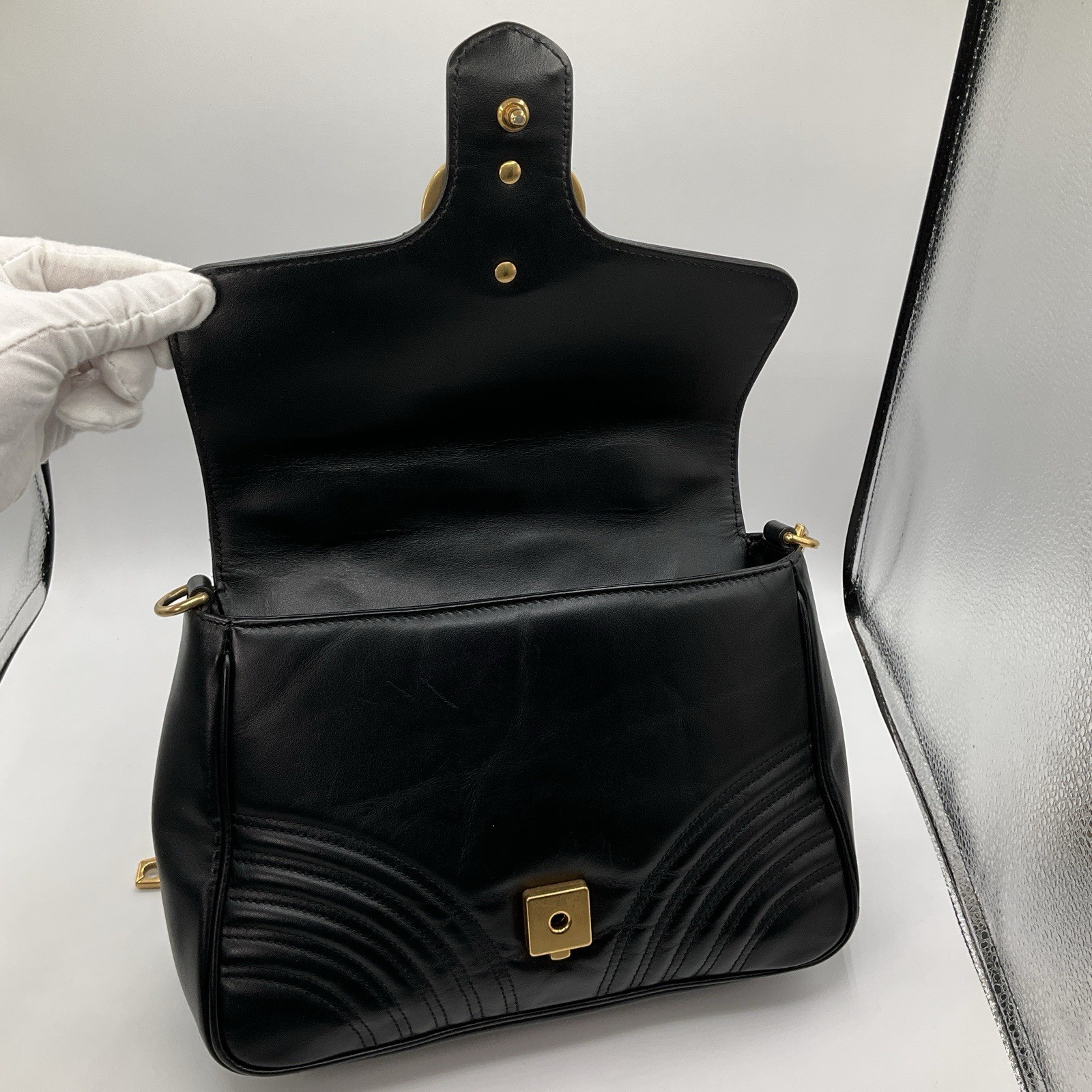 Gucci GG Marmont Matelasse Small Top Handle Black Leather Bag Purse