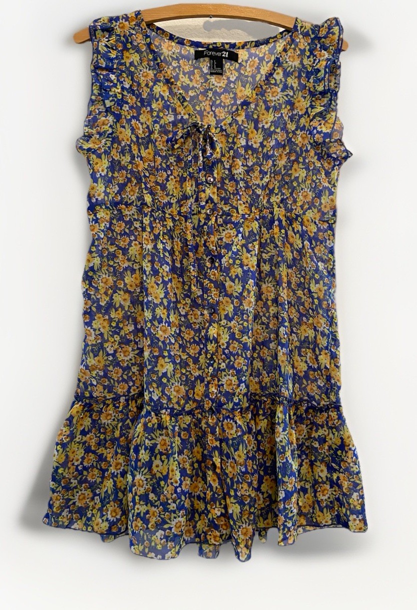 Forever 21 Blue Floral Sheer Blouse Size 6 Relaxed Fit Ruffle Sleeve Tie Front