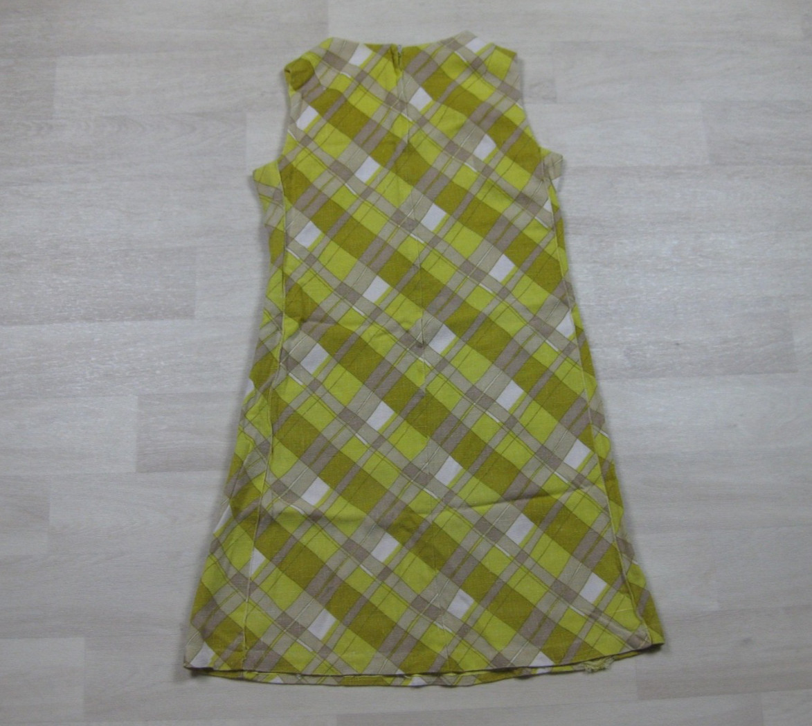 Vintage 60s Mini Sheath Shift Dress (S) Plaid Yellow Day Glo Sleeveless MOD