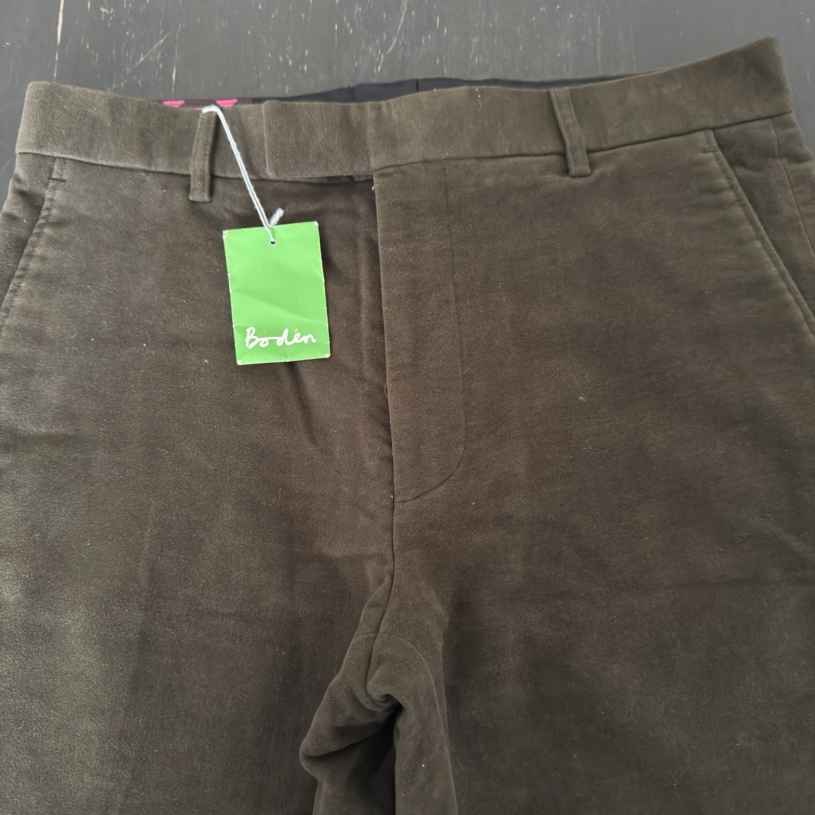 New NWT Mens Unhemmed Boden Dark Green Moleskin Pants Trousers 34