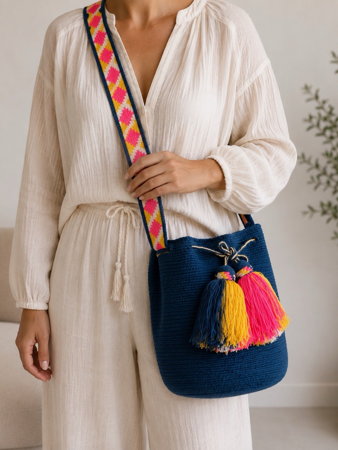 Authentic Colombian Wayuu Mochila Crossbody Bag Handmade Blue Pink Artisan Purse