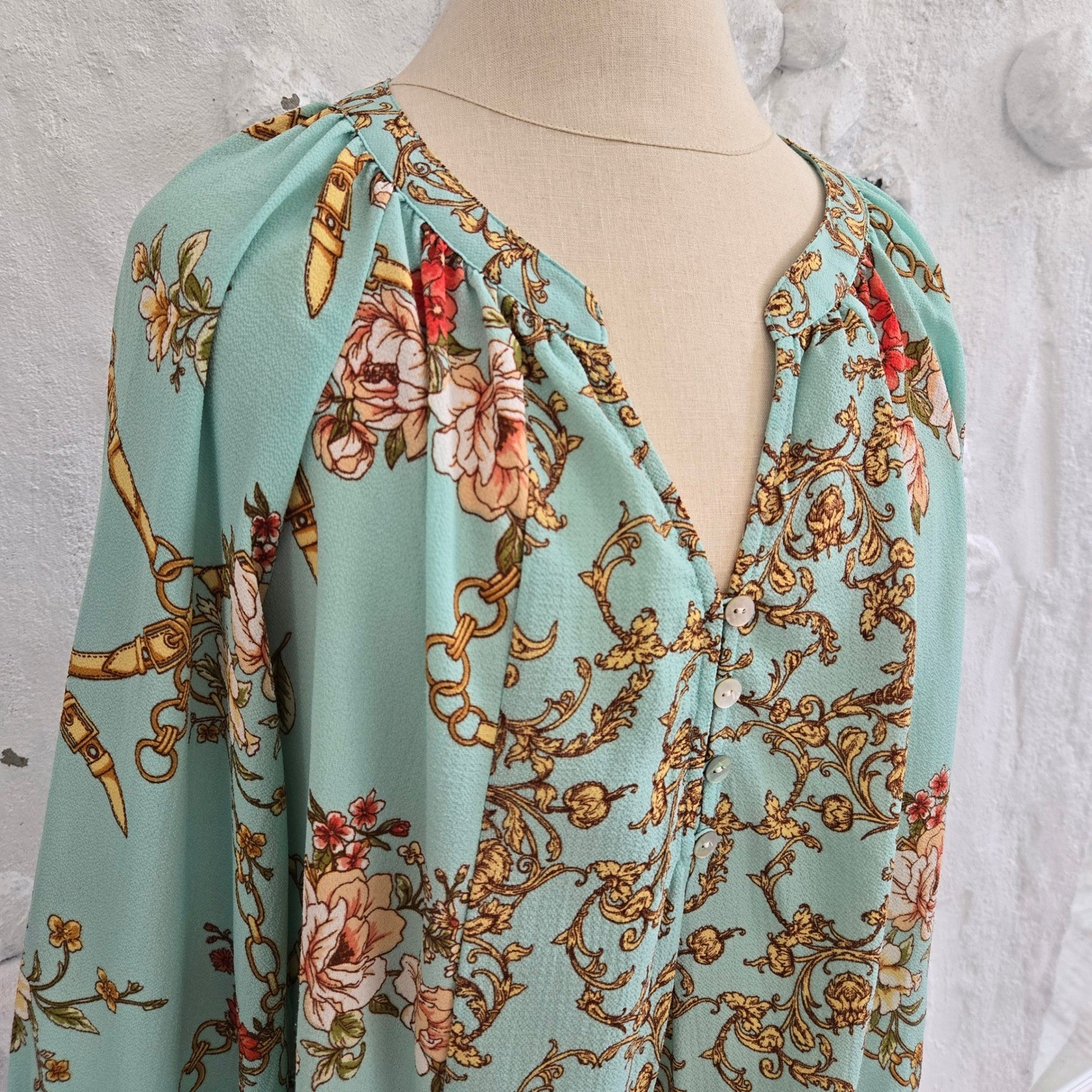 Fig and Flower Peasant Romantic Boho Floral Chain Baroque Tie Cuff Blouse Size M