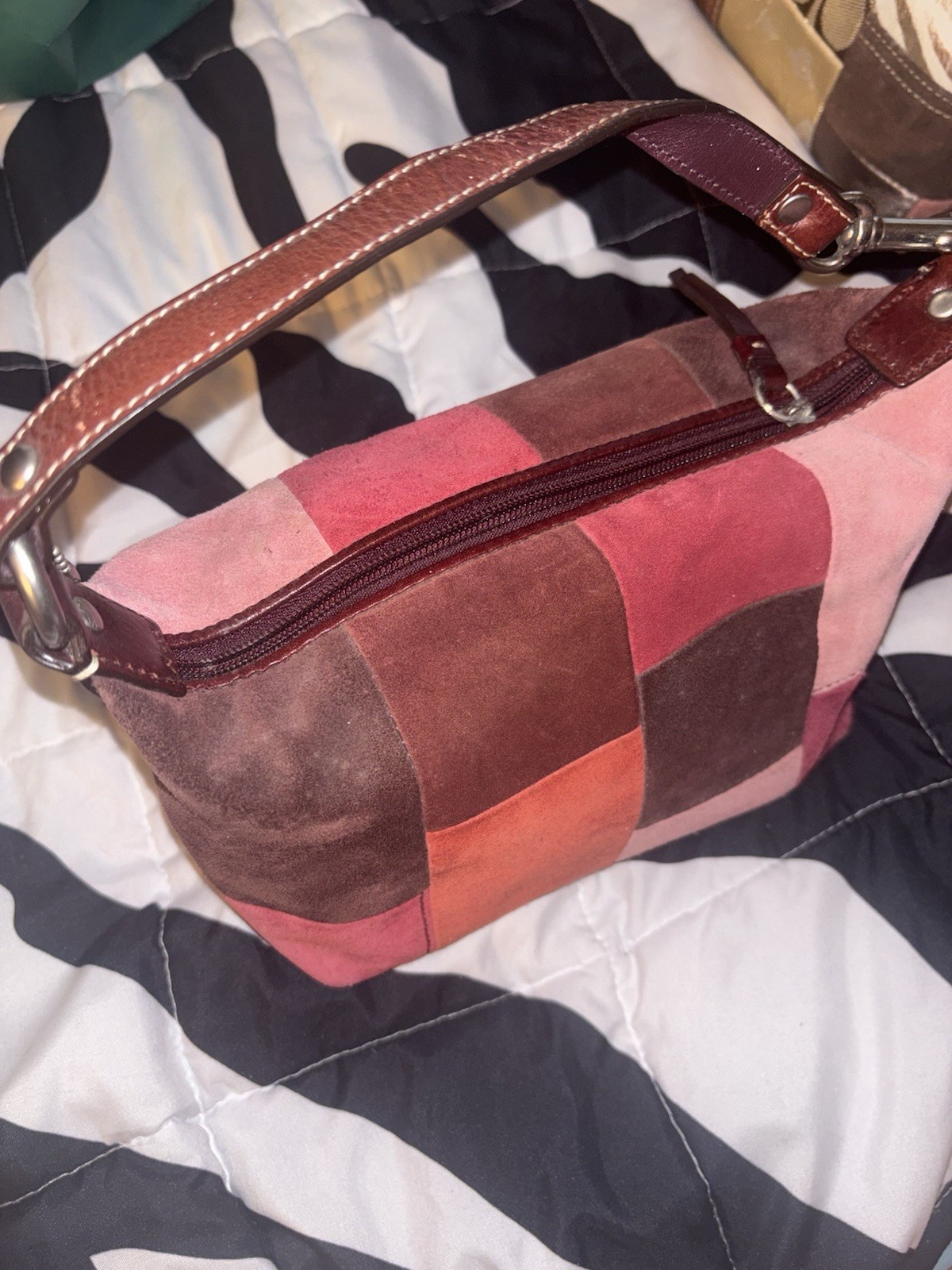 Coach patchwork shoulder bag, zip top, multicolor, silver hardware, charm