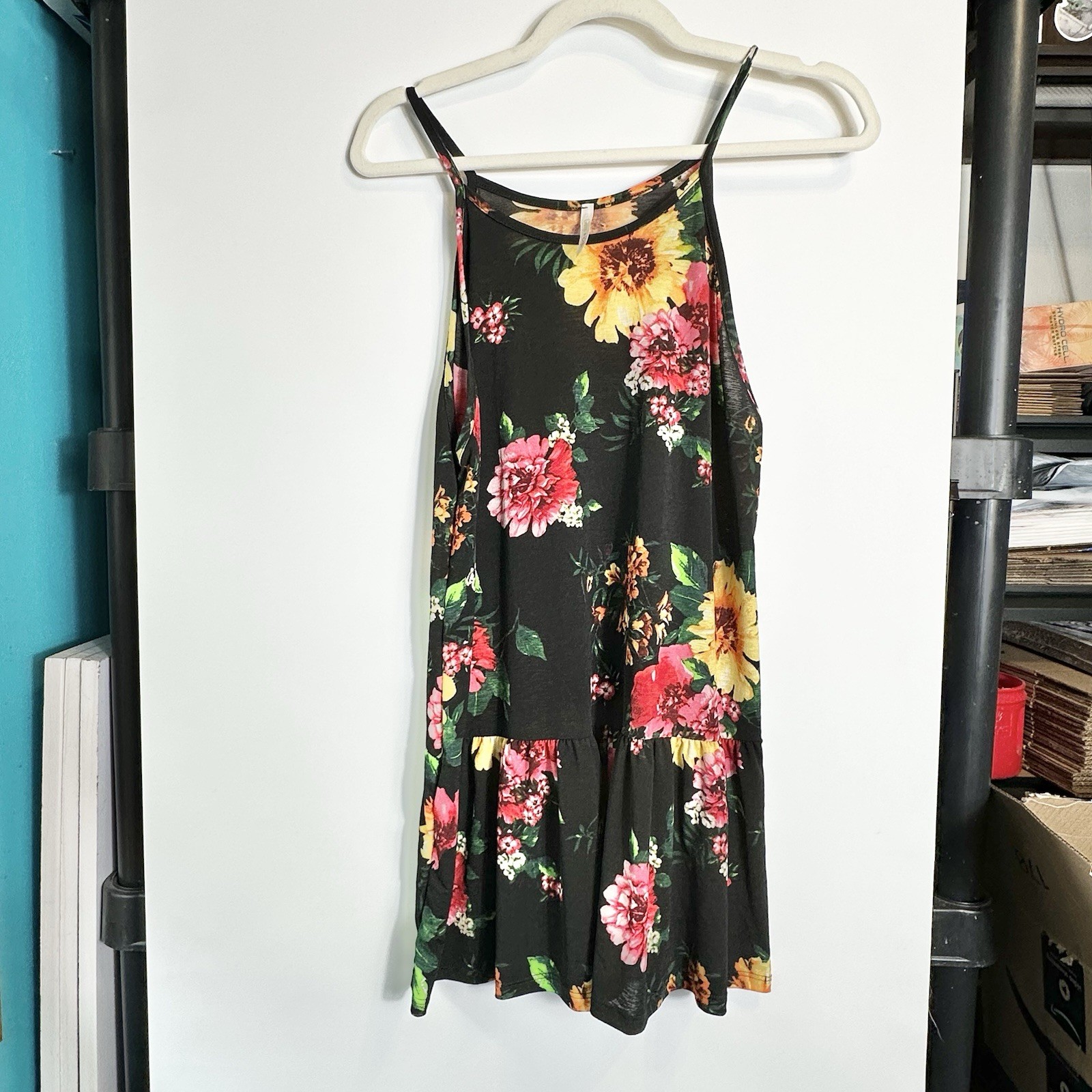 Lime n Chili Womens Size L Floral Swing Cami Mini Dress Black Semisheer