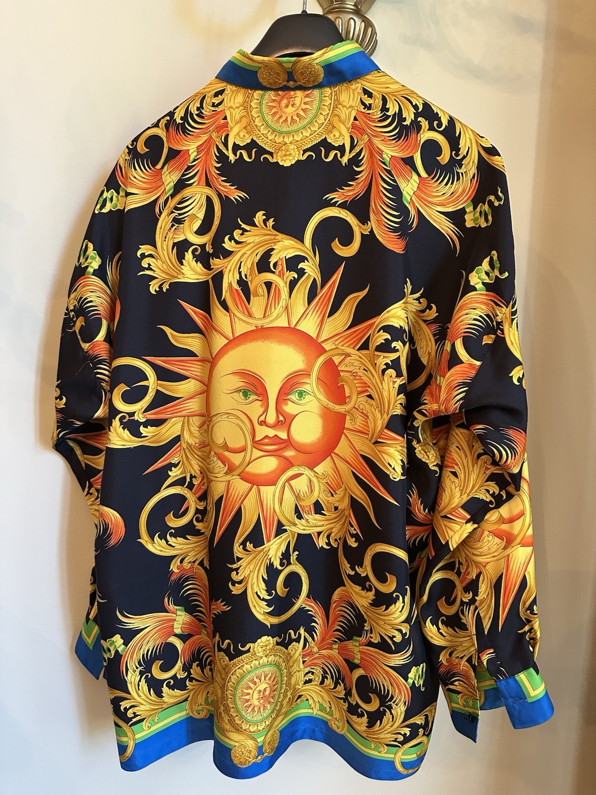 GIANNI VERSACE Silk Shirt Baroque and Sun Print,1993 Miami Collection, Size 48IT