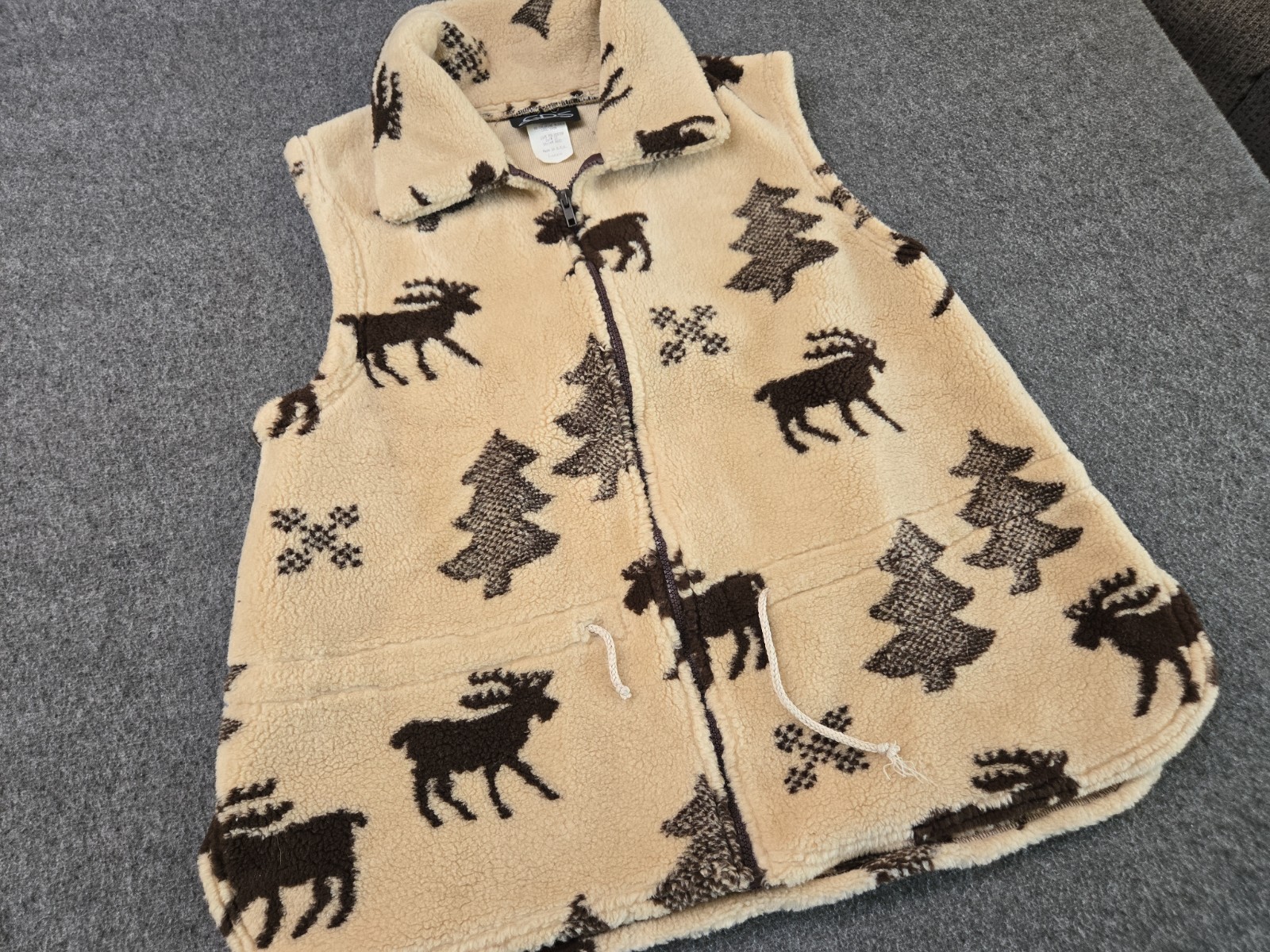 CDS Vtg 90s Cabincore Full Zip Sherpa Fleece Vest Womans Sz Lg Brown Moose Trees