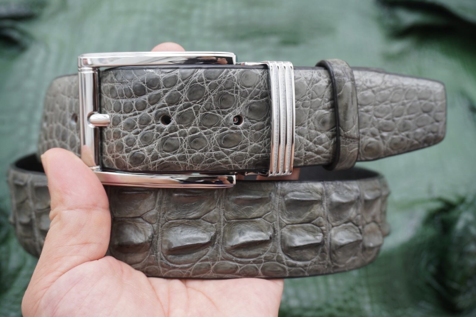 W 1.5 inch – Gray Genuine CROCODILE Hornback LEATHER Skin Men’s Belt #E19