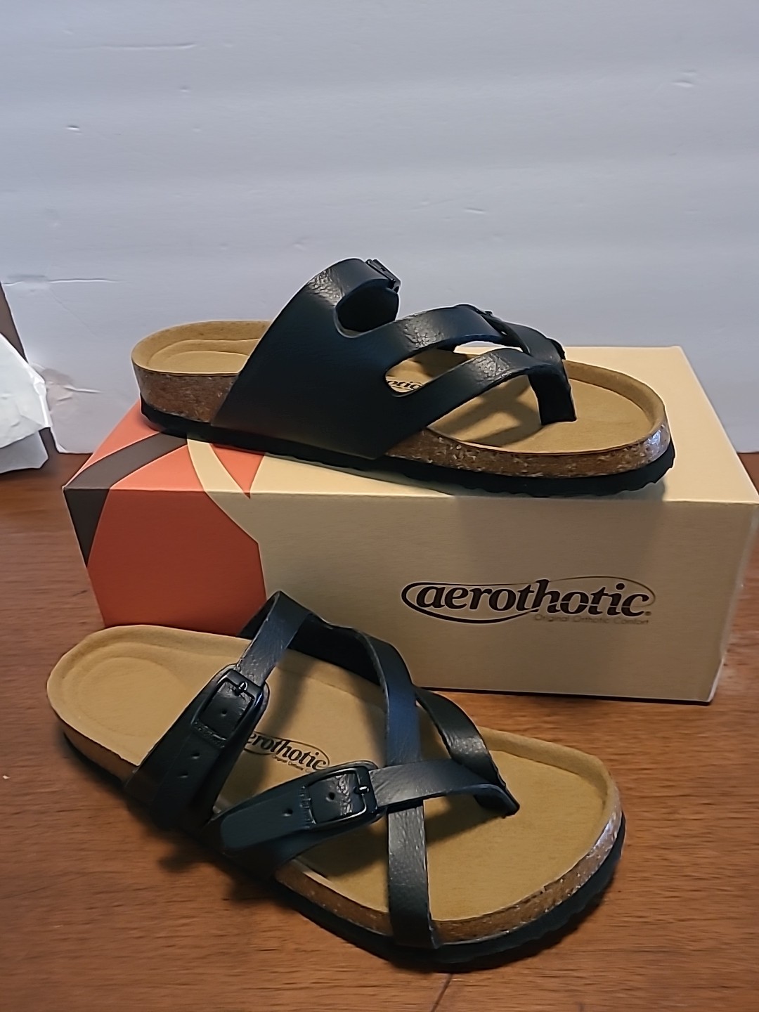 Aerothotic CorkSlides Womens Sz8 Black Synthetic Leather Arch Support PU1105 NIB