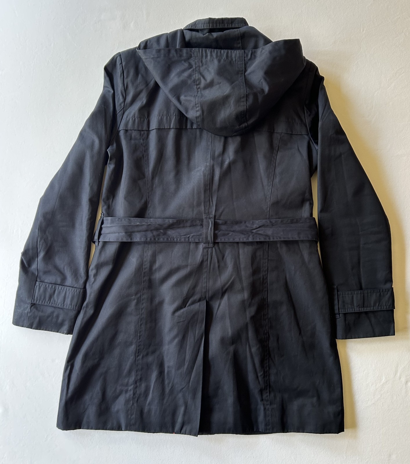 London Fog Women’s Navy Blue Hooded Raincoat Size S Belted Zip Snap Front