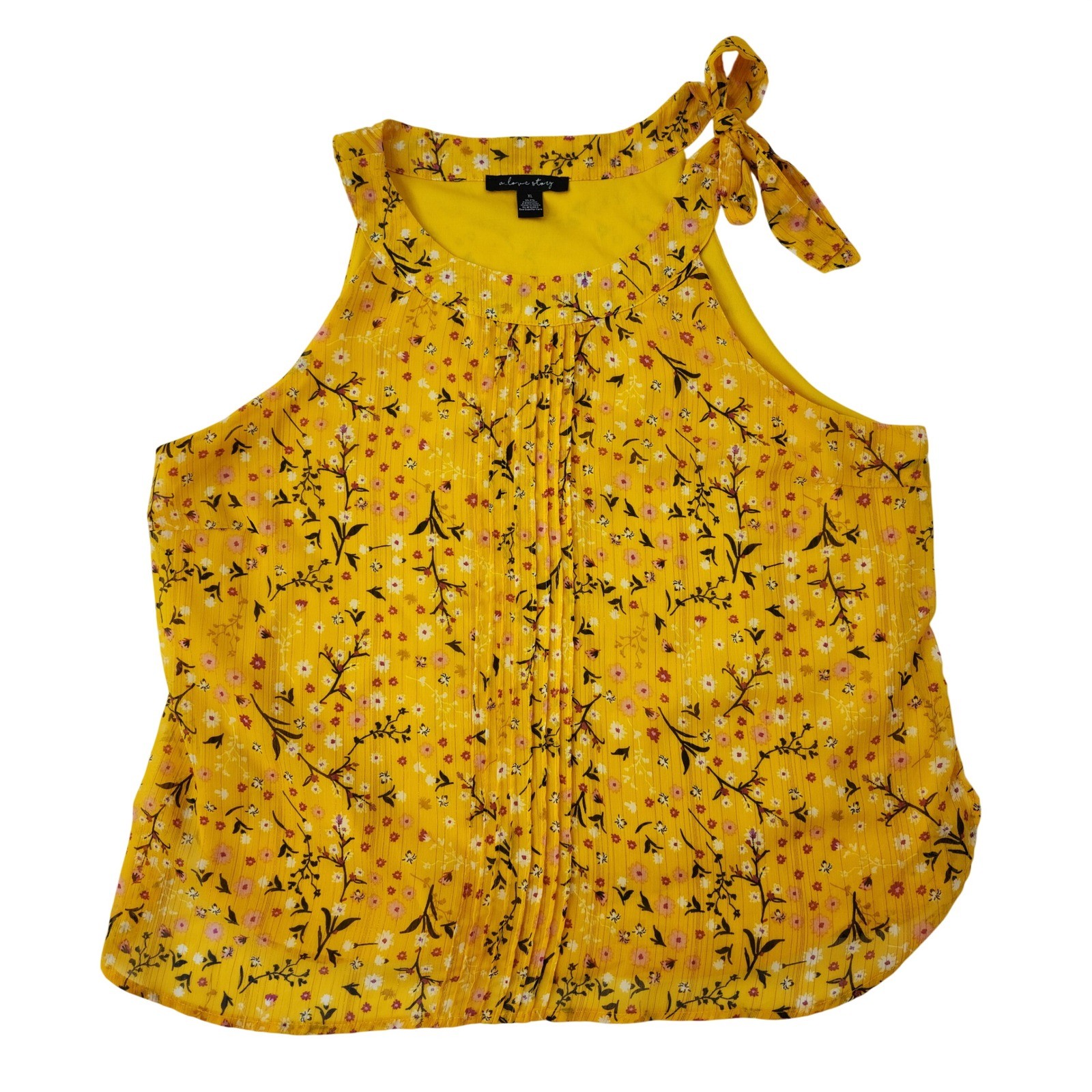 A Love Story Yellow Floral Halter Top XL Pleated Tie Shoulder Lurex Shimmer