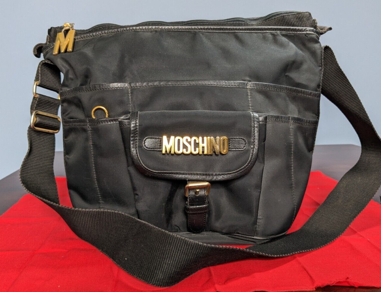 Vintage MOSCHINO by Redwall Black Nylon Crossbody Bag w/ Leather Trim