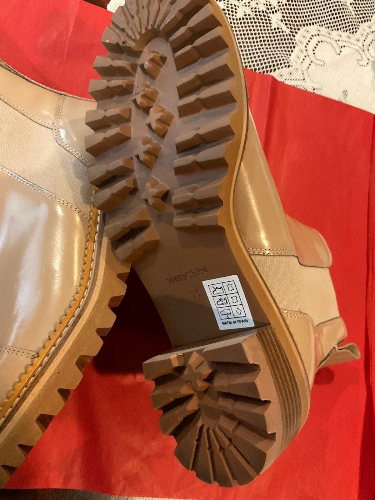 See by Chloe women beige leather ankle boot (38) lug sole round toe 2.25 in heel