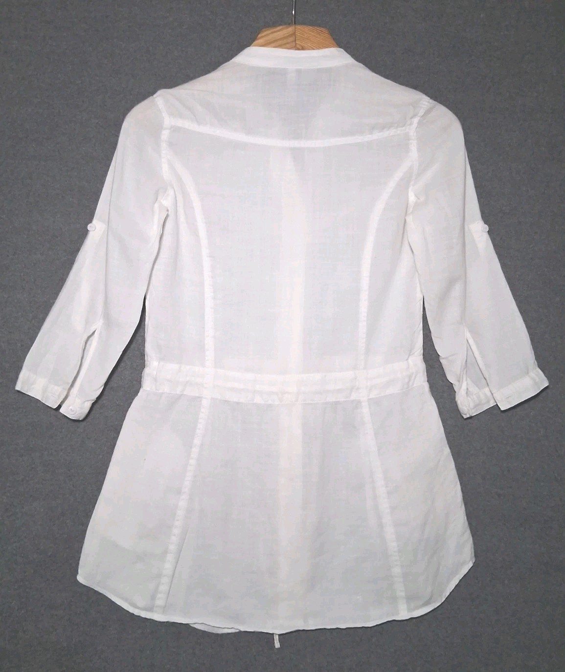 MNG Basics Womens Shirt XS White 100% Ramie Button Up Roll Tab Sleeve Drawstring