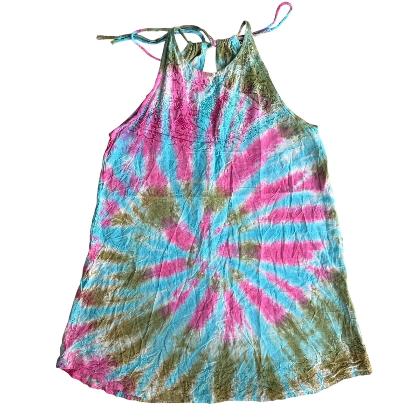 India Boutique One Size Pink Blue Green TieDye Embroider Halter Mini Dress Beach