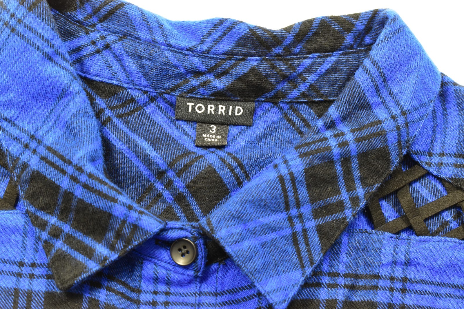 Torrid Plus Size 3 Blue Plaid Flannel Button Up Shirt Cage Strappy Shoulder
