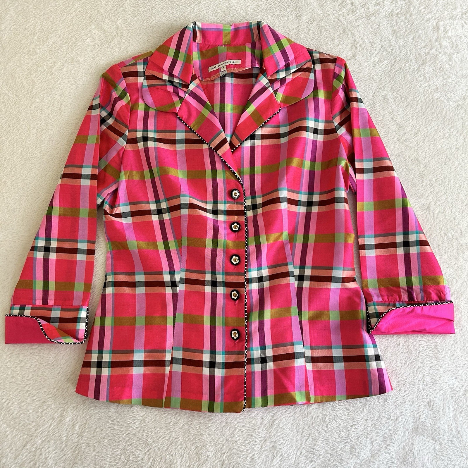 Marisa Baratelli Womens Blouse Size 4 Pink Plaid Button Up Collar 100% Thai Silk