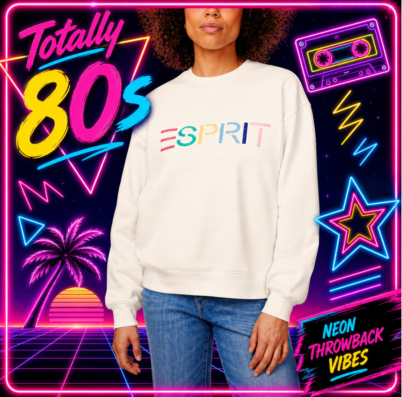 NEW L Esprit Women’s Logo Fleece Crewneck Sweatshirt Cream Viral 80’s Costco