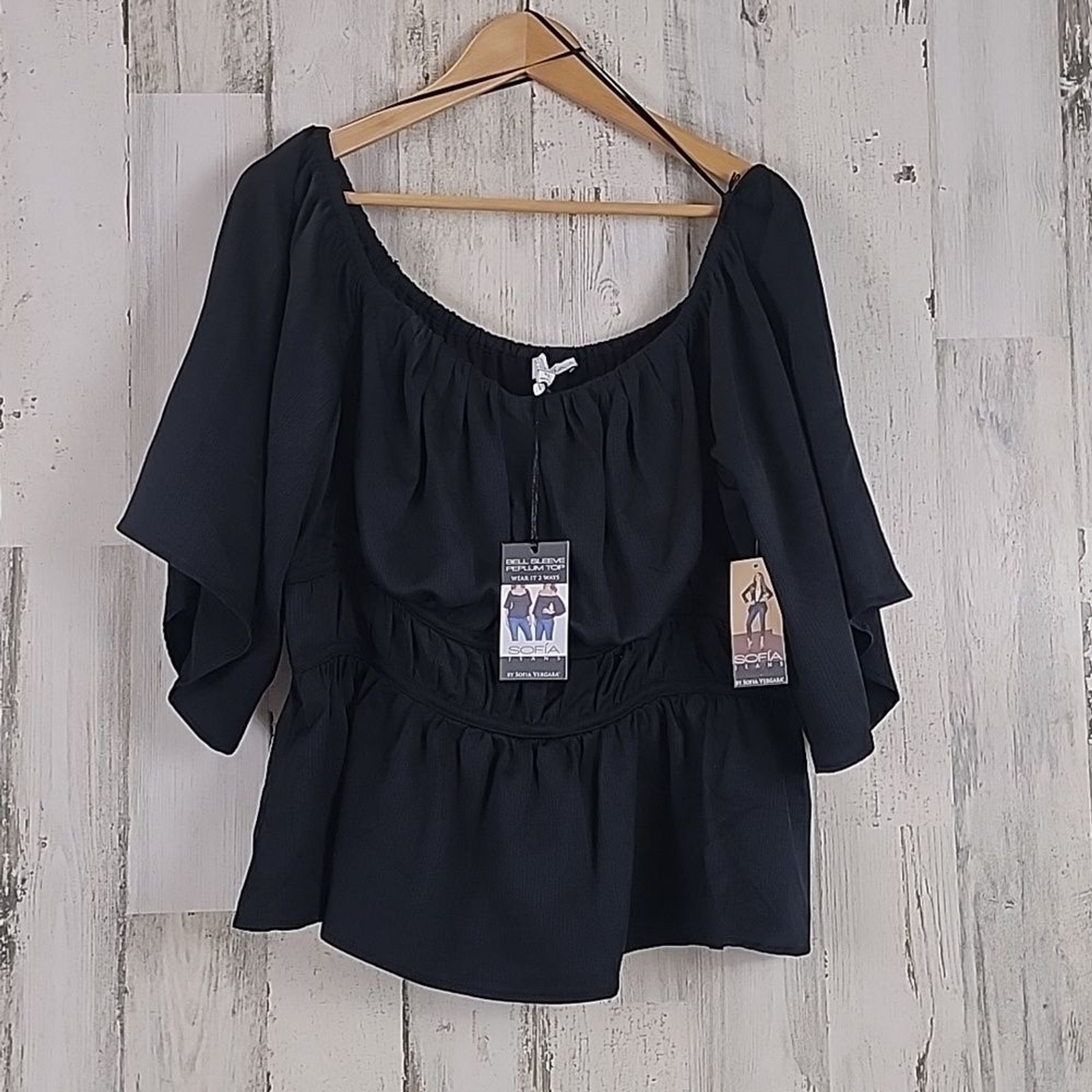 Sofía Jeans black bell sleeve peplum top blouse on or off shoulder Size XL NEW