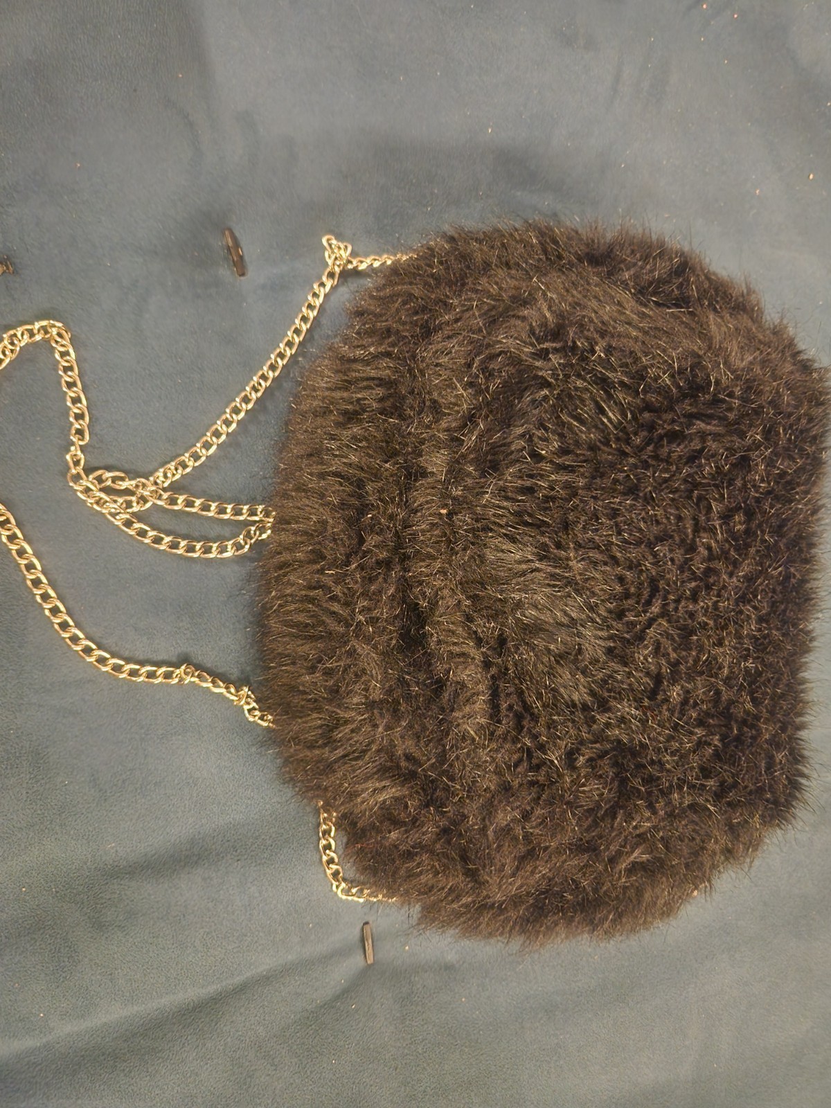 Women’s Small Black Round Crossbody Bag Gold Chain Strap Snap Closure Fur Trim