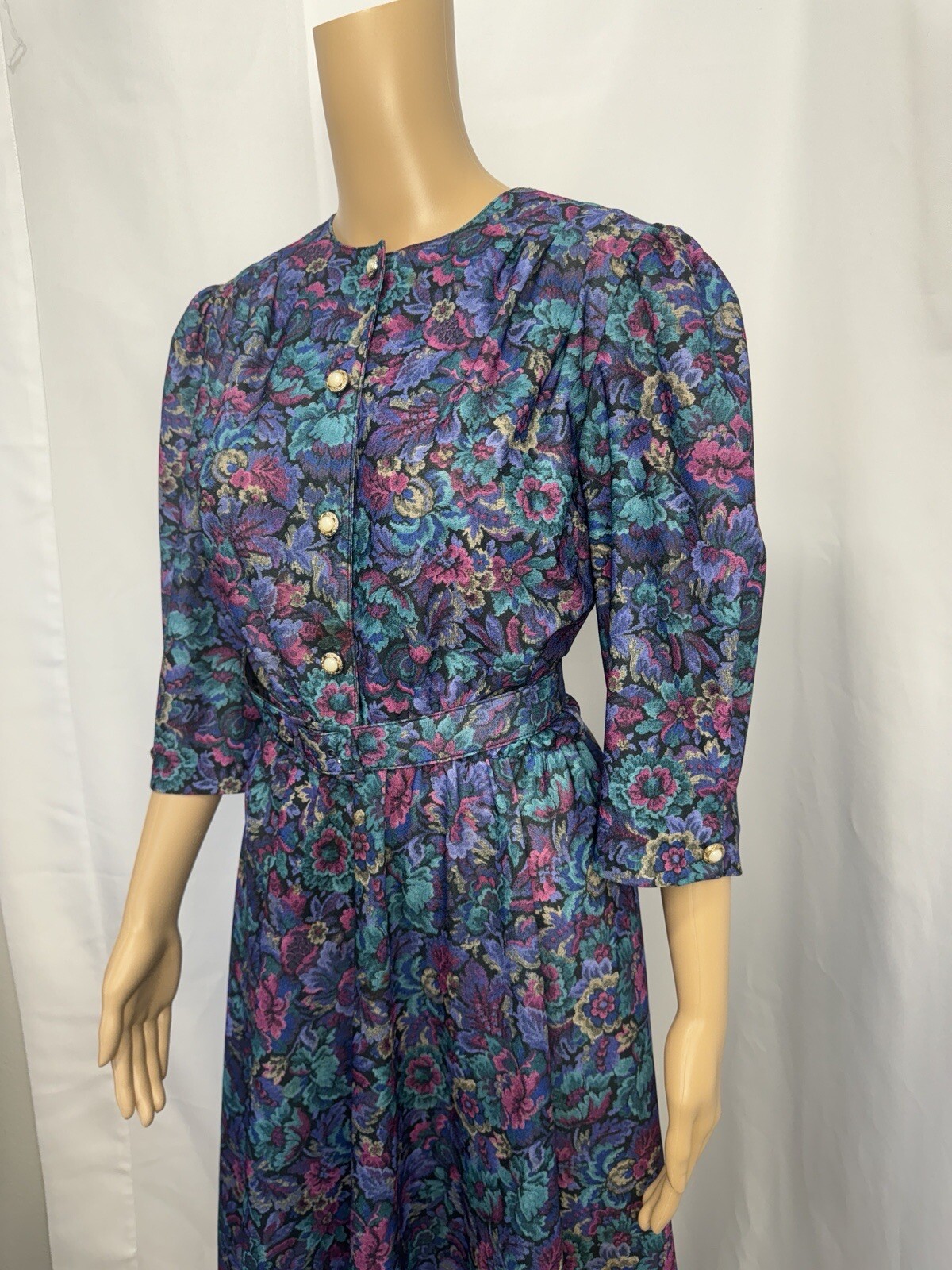VTG 80s California Looks Floral Jacquard Belted Midi Dress Sz 10 Made USA Purple