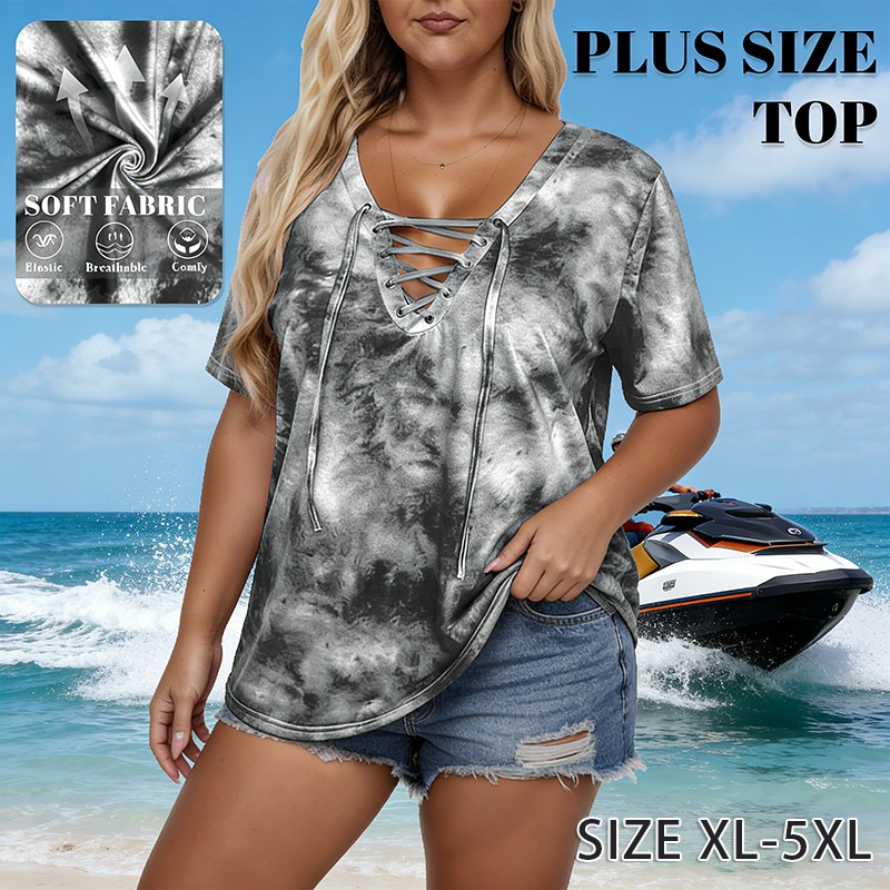 Plus Size Women’s Short Sleeved Tie Dye T-Shirt Loose Oversized Top V-neck Tops