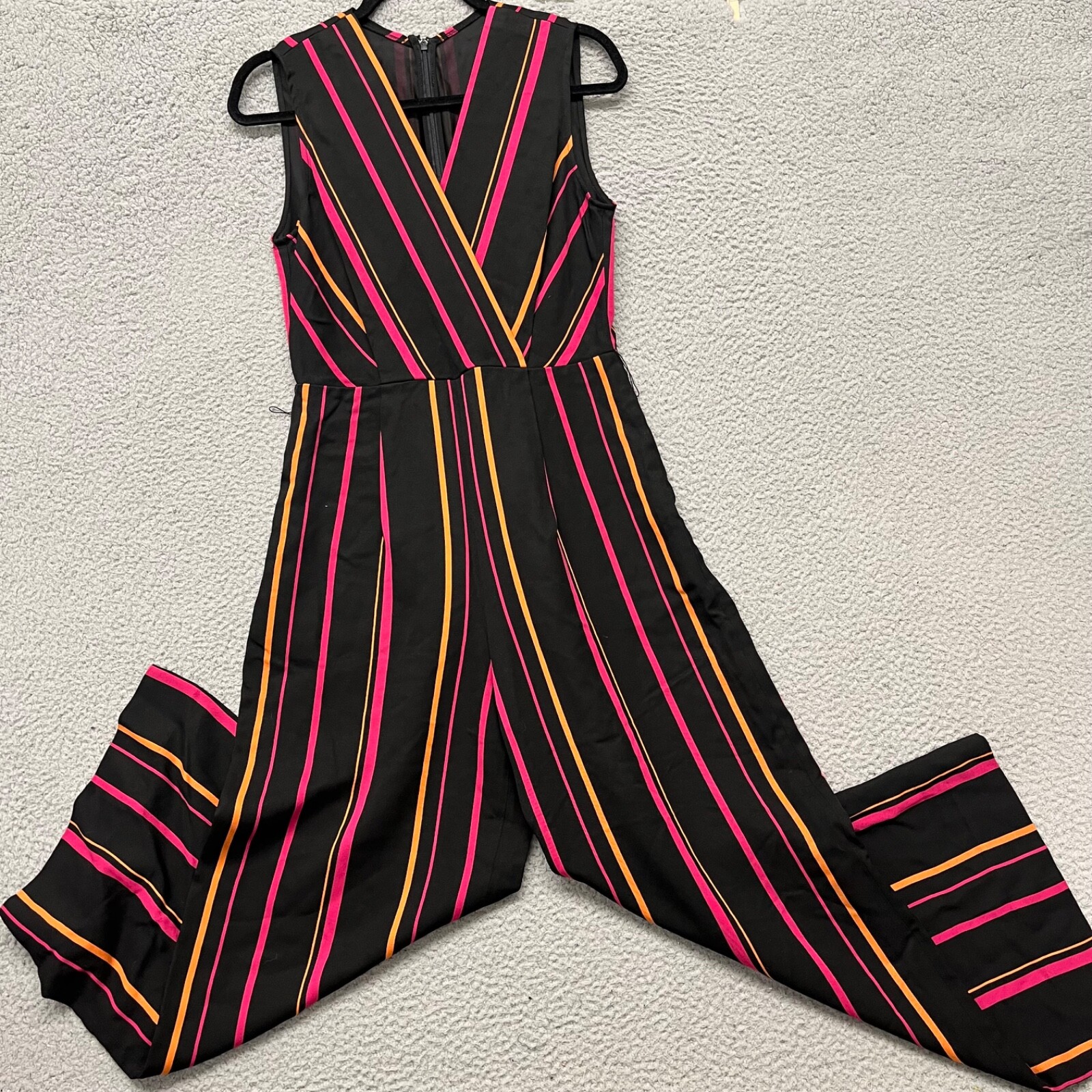 Diane Von Furstenburg Jumpsuit Womens M Black Striped Cropped Wide Leg V Neck