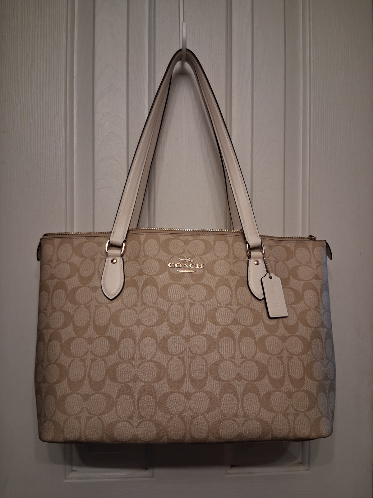 Coach CH504 Cream, Tan Canvas and Leather Signature Gallery Tote Bag Purse