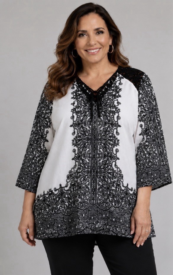 Ali Miles XL Black White Lace Print Tunic Top Bell Sleeve Slit Cuff Boho Chic