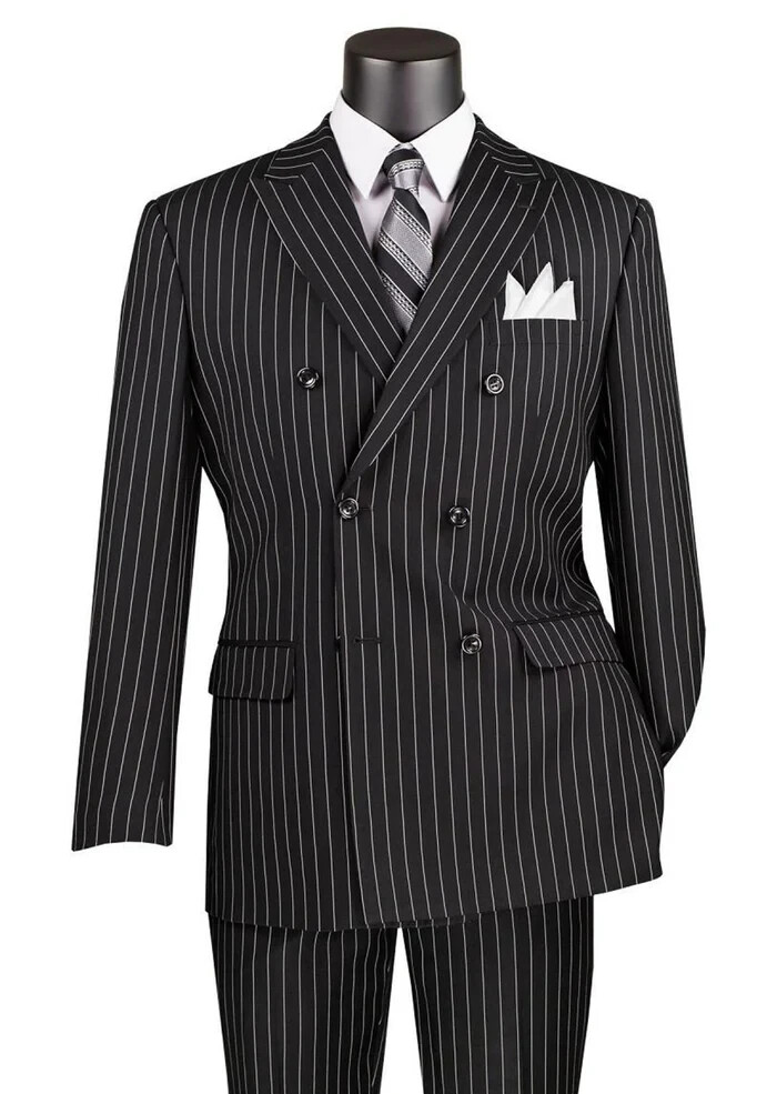 Black Vinci Men’s Wool Feel 6 Button Striped Double Breasted Classic Fit Suit