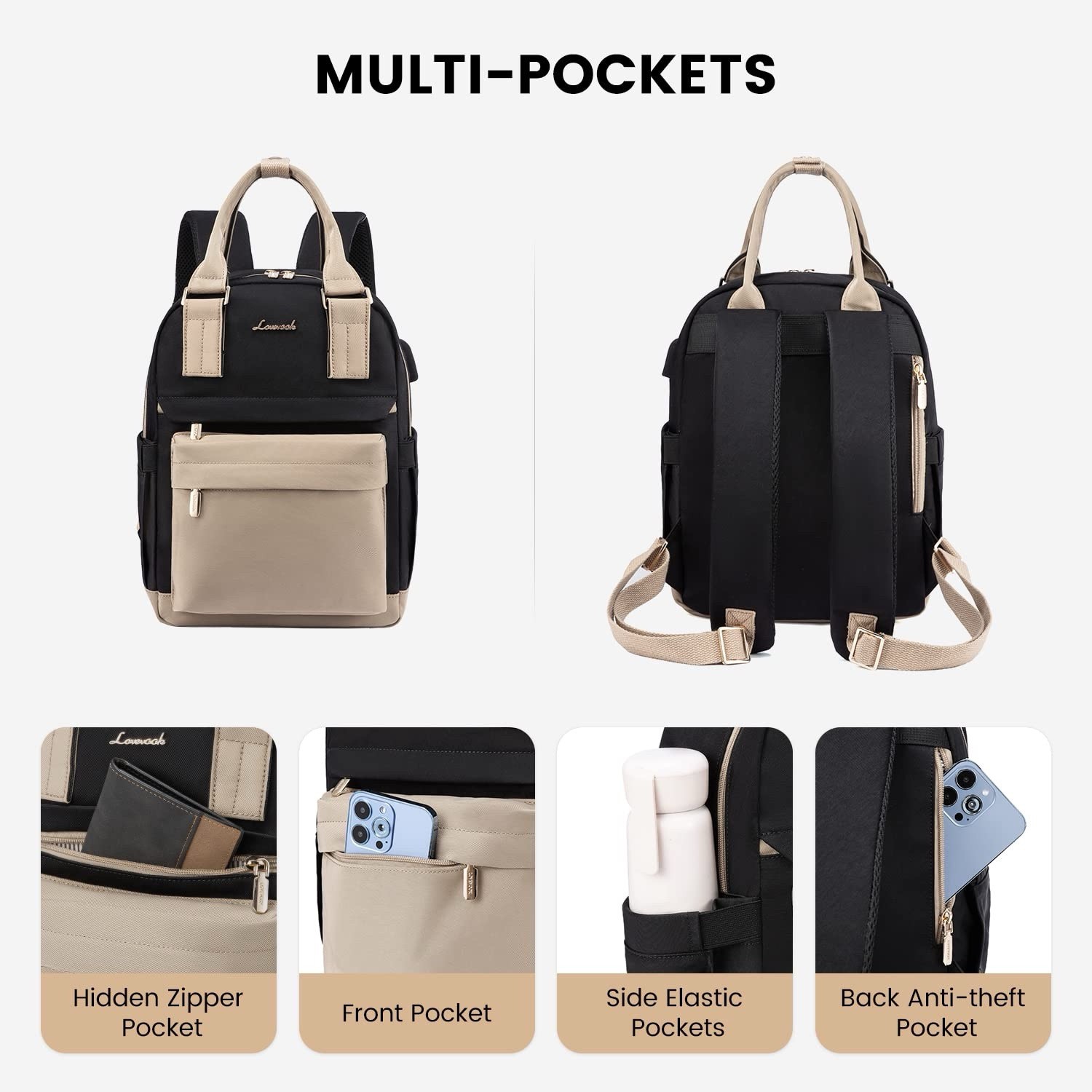 Lovevook Mini Black Beige Multi-Pocket Travel Backpack USB Port Anti-Theft Zip