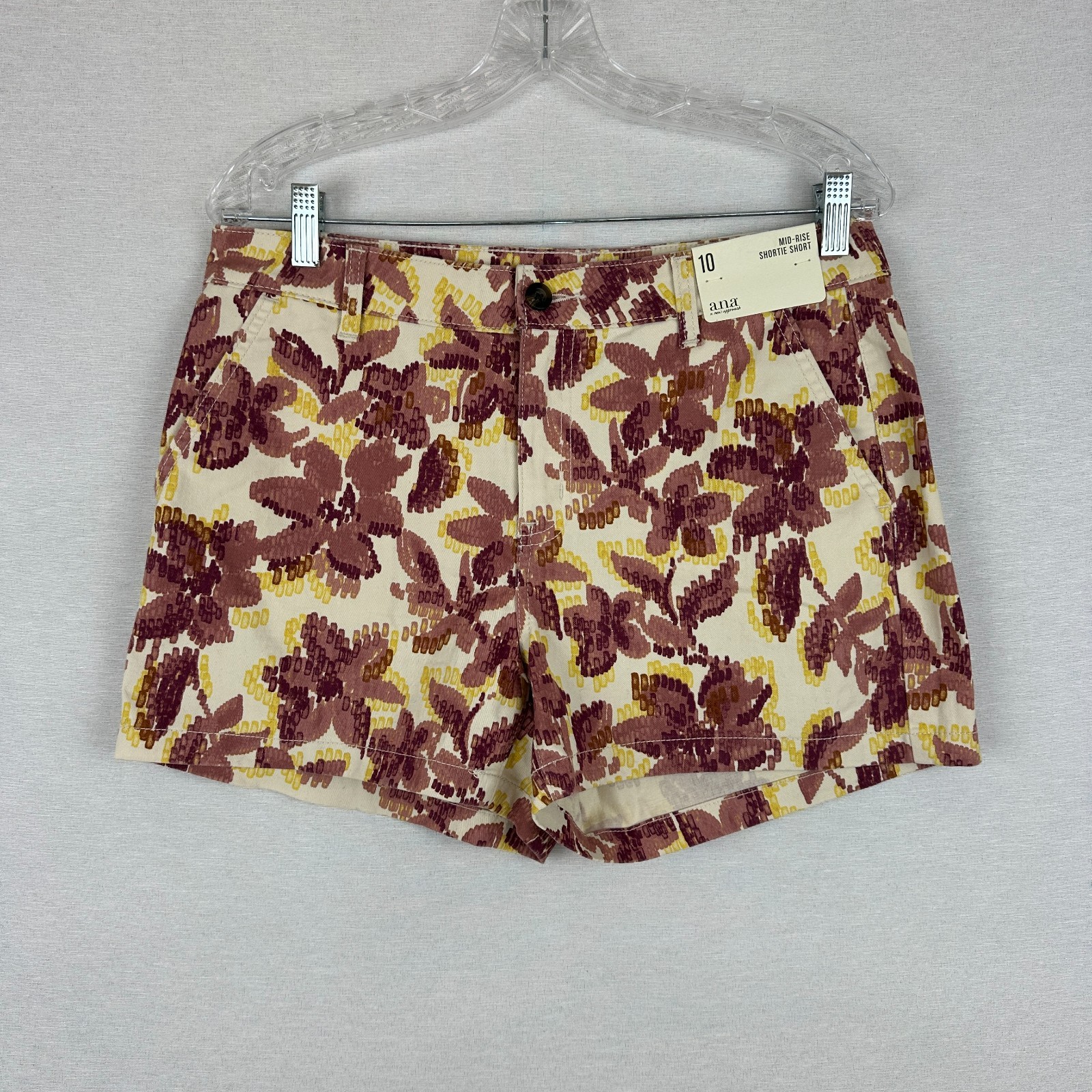 A.N.A WOMEN’S MID-RISE SHORTIE SHORTS A STYLIZED ROSE FLORAL PRINT SIZE 10