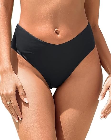 (S) Women’s V-Cut Cheeky Bikini Bottoms – Mid-Waist High-Cut Swimwear Bottoms