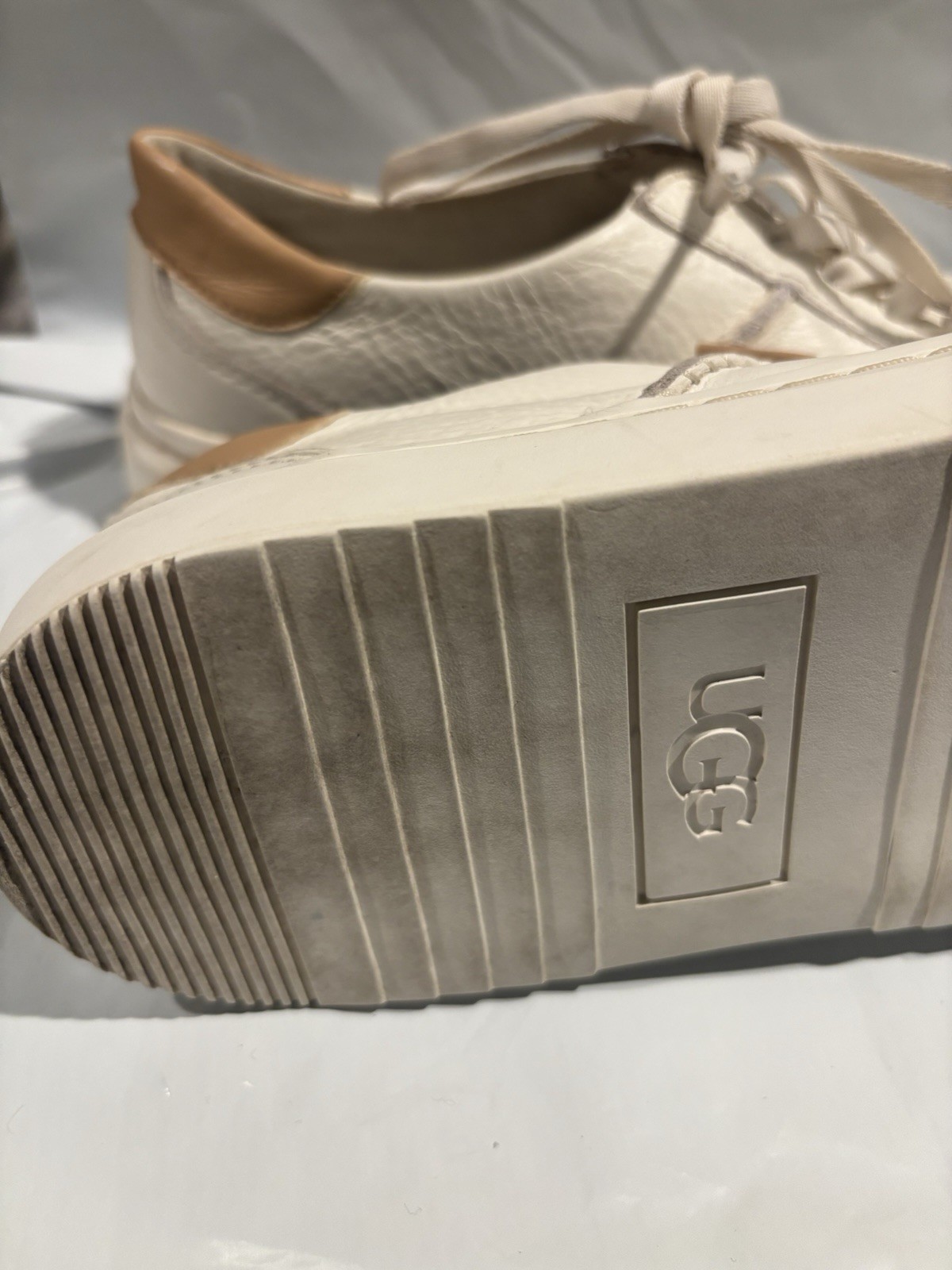 UGG Men’s White Textured Leather Lace Up Casual Sneakers Rubber Outsole