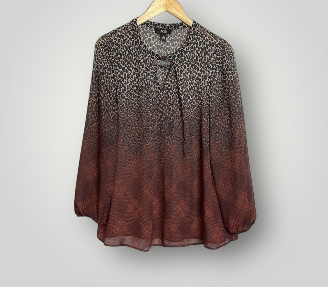 AGB Cheetah Plaid Print Ombre Top Womens Size Large Long Sleeve Semi Sheer Lined