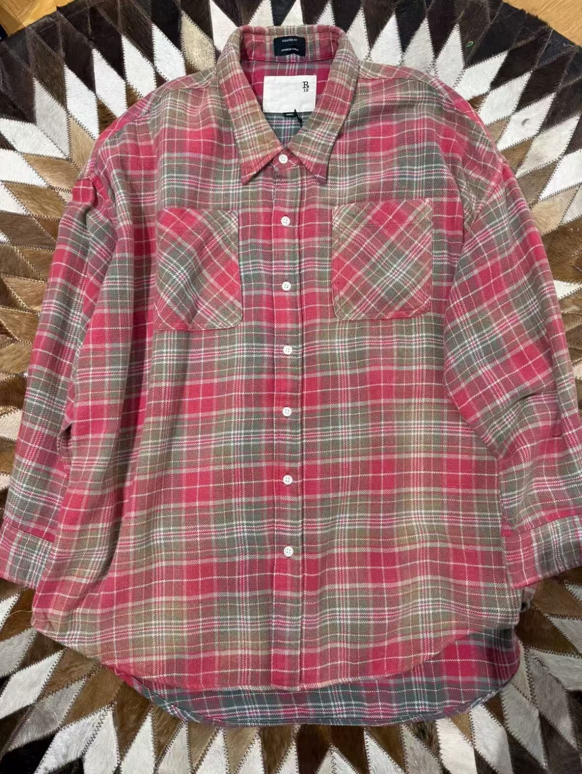 R13 DROP NECK WORKSHIRT in Pink Teal Plaid Size S