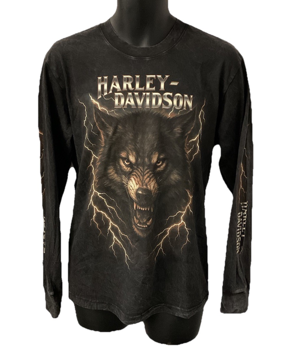 Harley Davidson Men’s Thunder Wolf Long Sleeve T-Shirt Dyed Black 3002882-BLCK