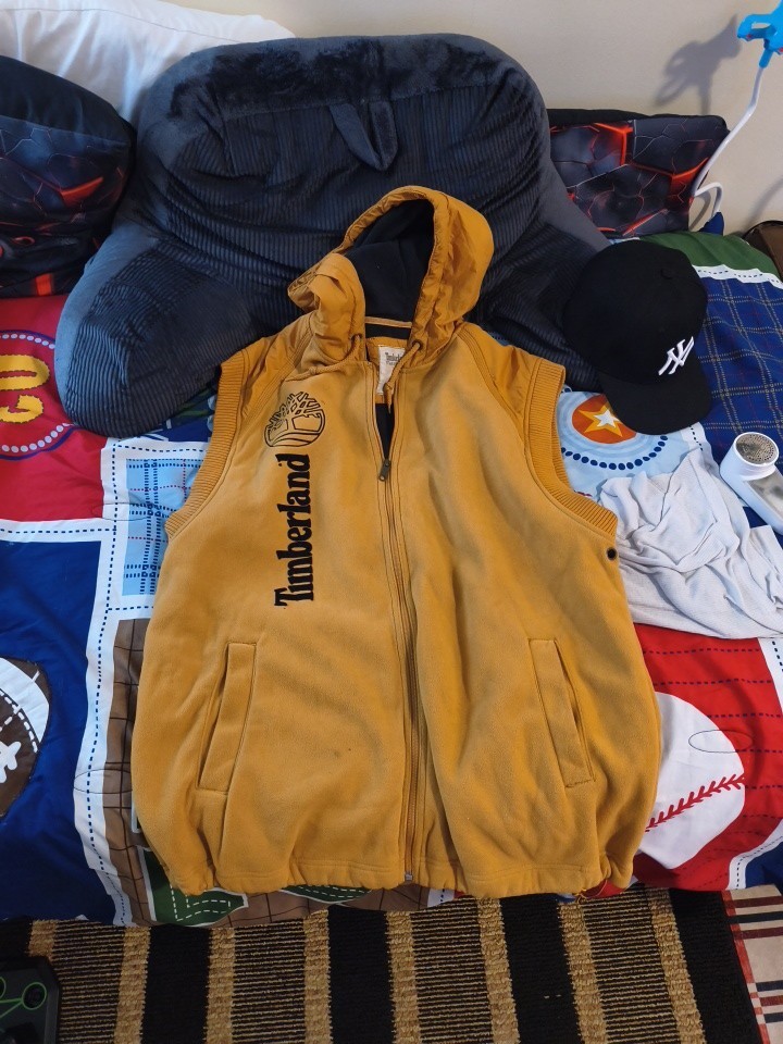 Timberland Men’s Tan Hooded Full Zip Vest Logo Accents Size L Regular Fit
