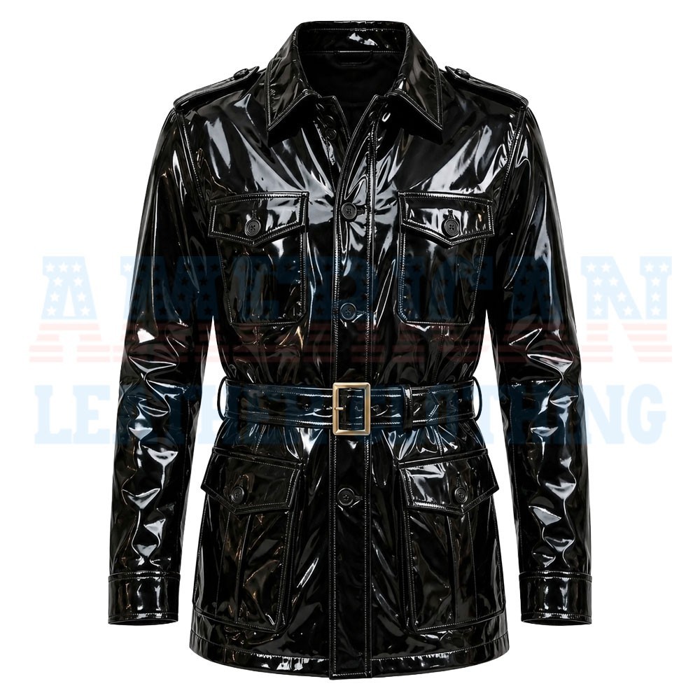 Men’s Glossy Black PVC Trench Jacket Belted Vinyl Coat with Utility Pockets