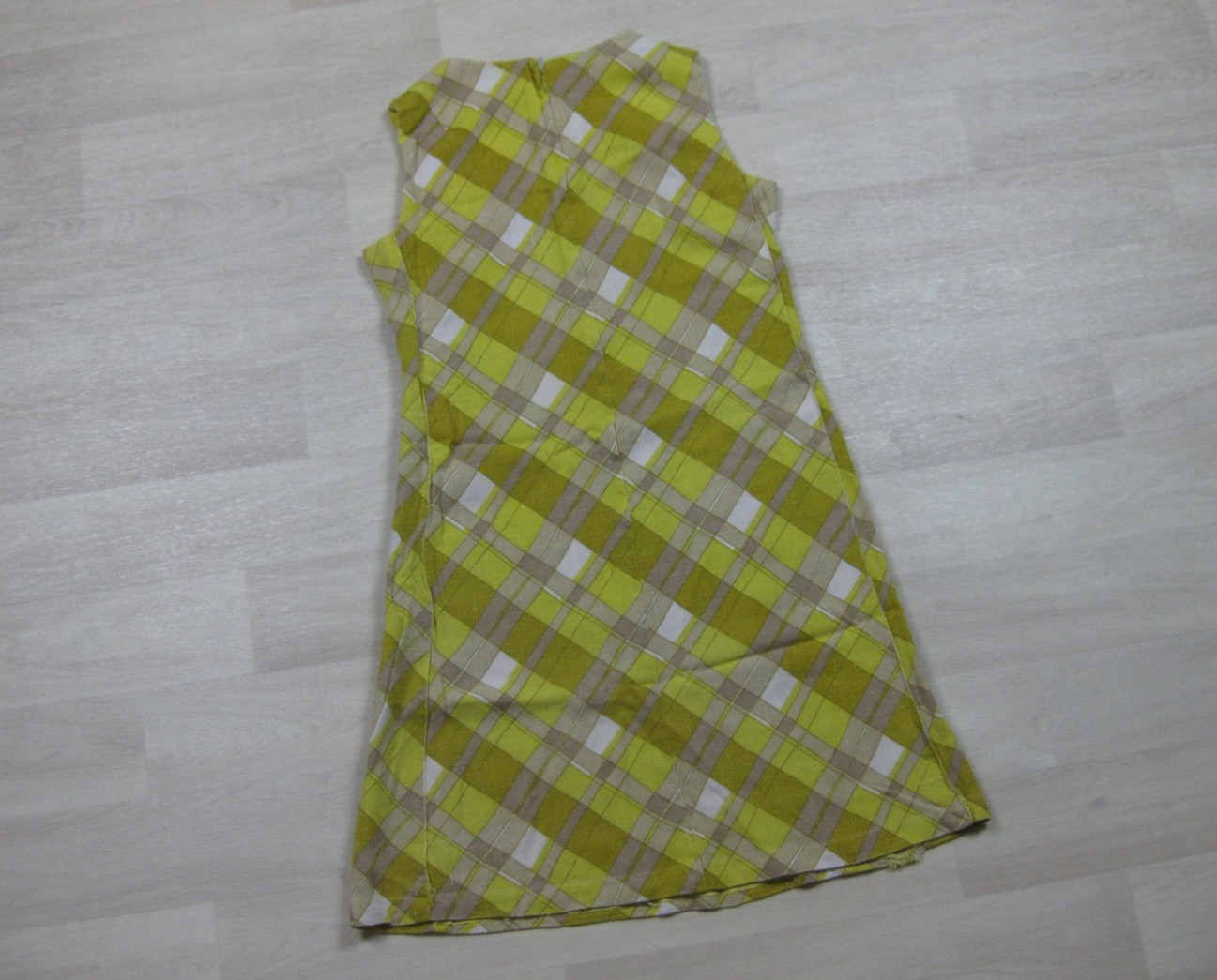 Vintage 60s Mini Sheath Shift Dress (S) Plaid Yellow Day Glo Sleeveless MOD
