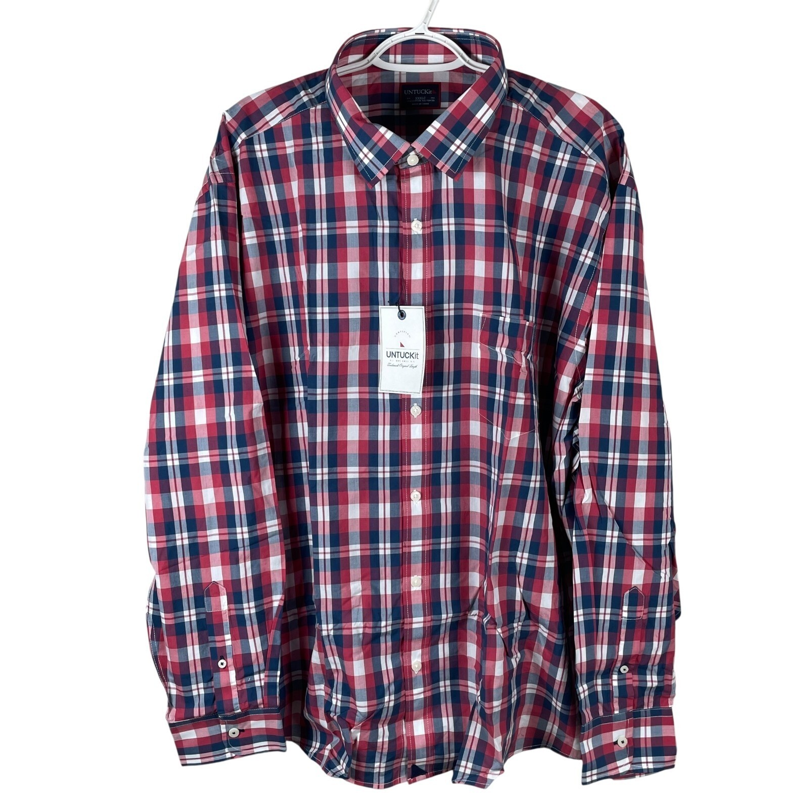 UNTUCKit Navarro Button Up Shirt Mens 3XLC Reg Red Blue Plaid Cotton Blend NEW