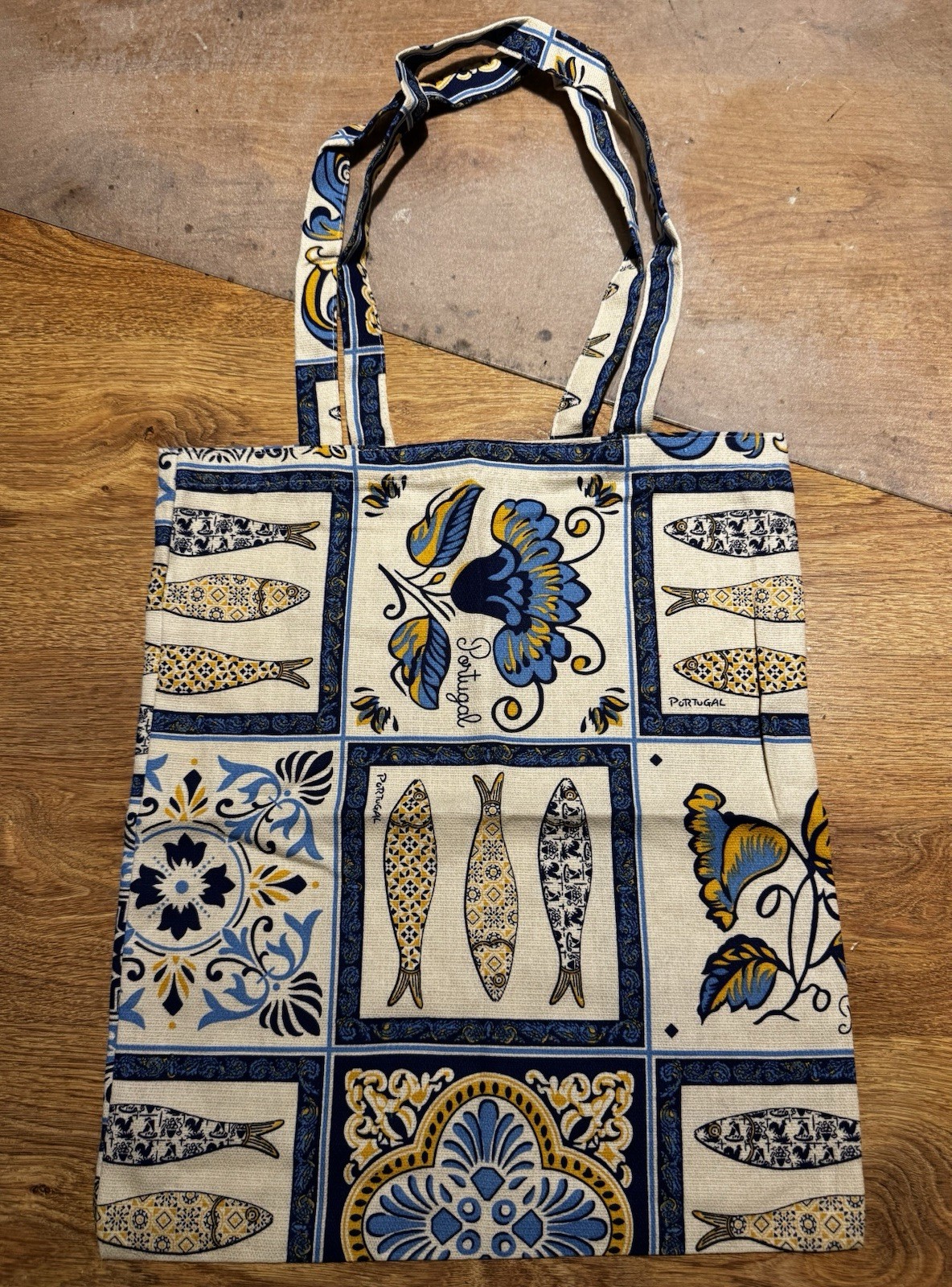 Made In Portugal Blue Yellow Portuguese Tiles Azulejos Sardines Cotton Tote Bag