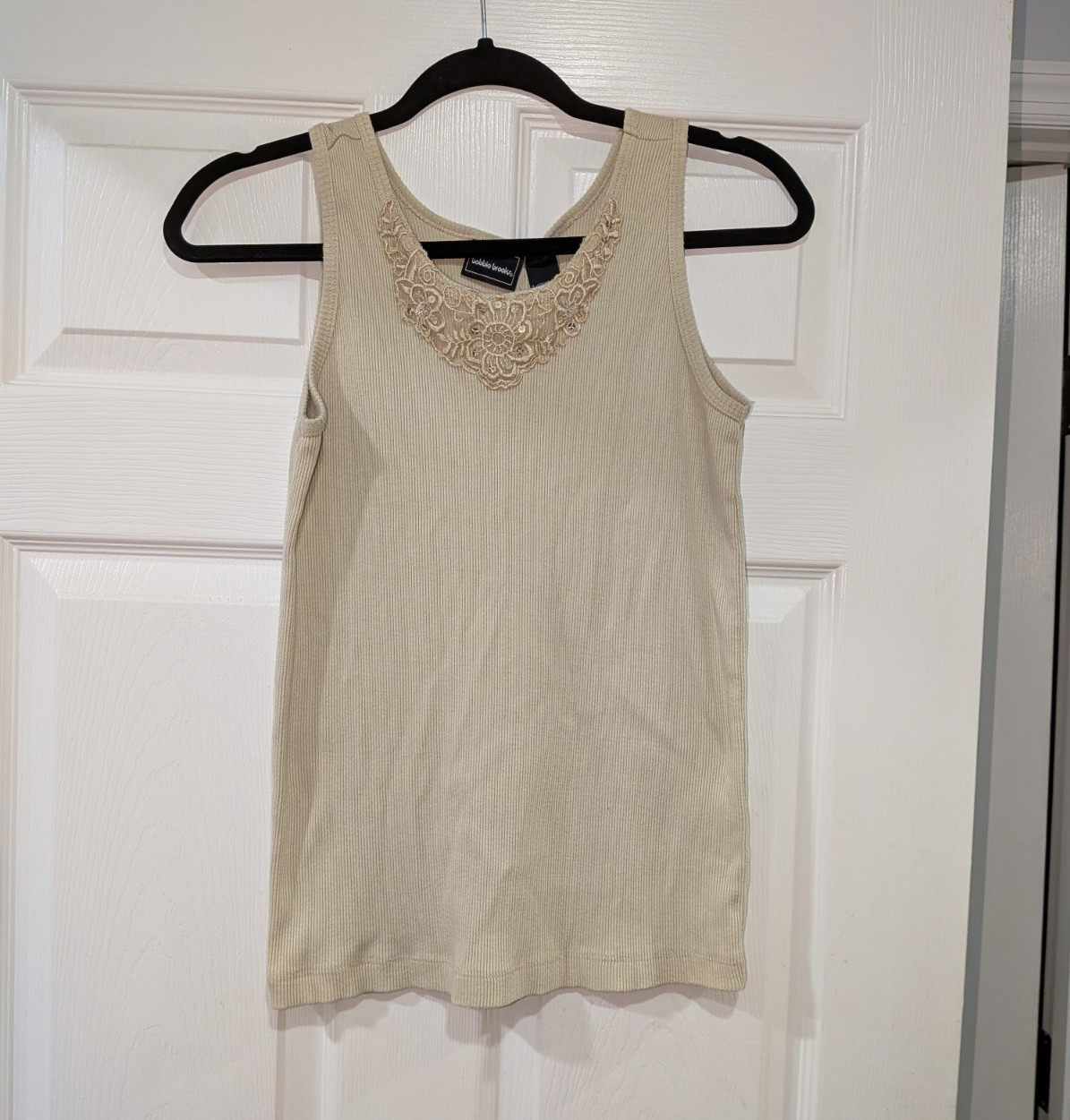 Y2K Bobbie Brooks Beige Ribbed Knit Sequin Embroidered Neck Tank Top L/G 14/16